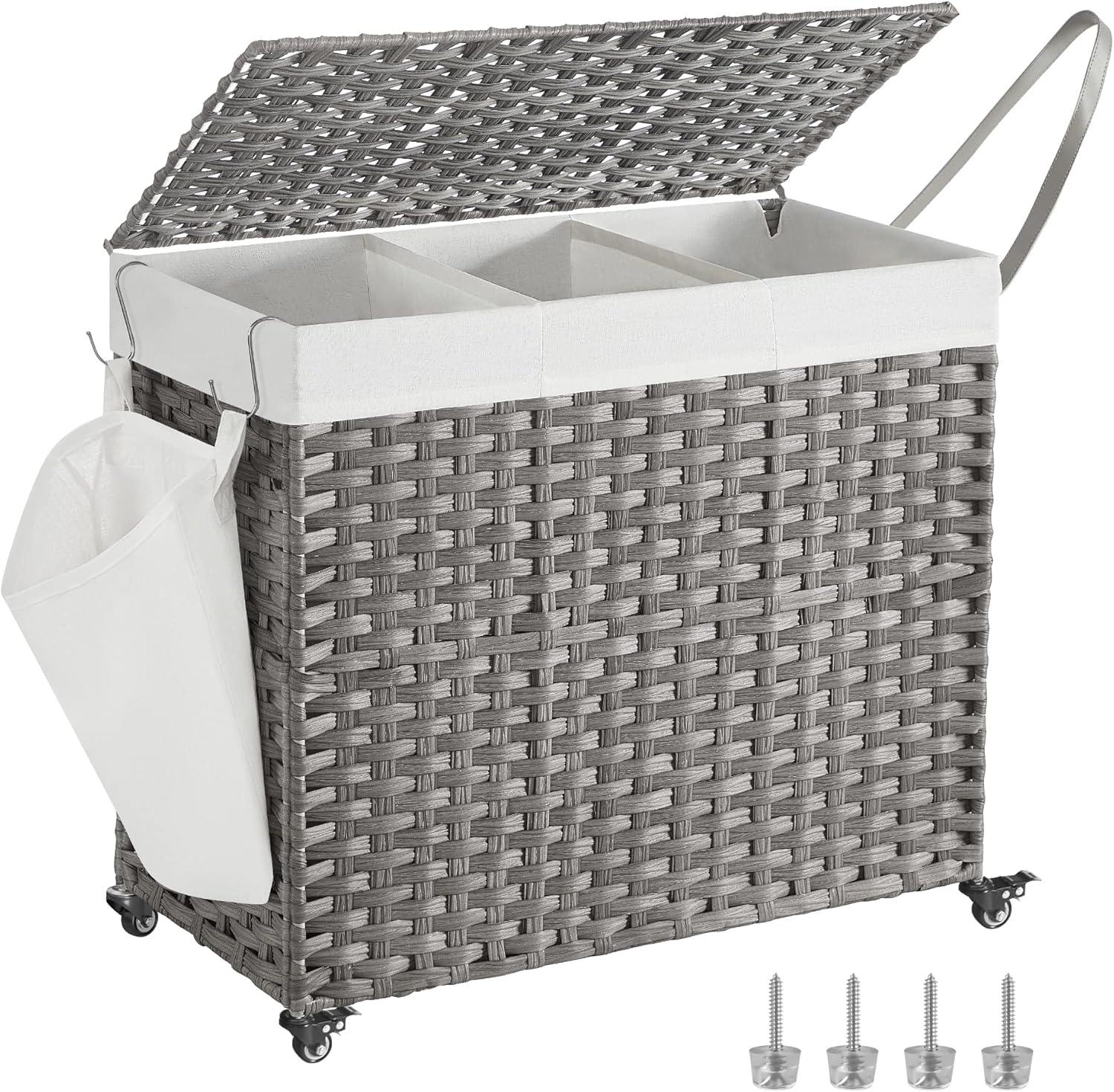 Gray Collapsible Rattan Laundry Hamper with Wheels and Lid