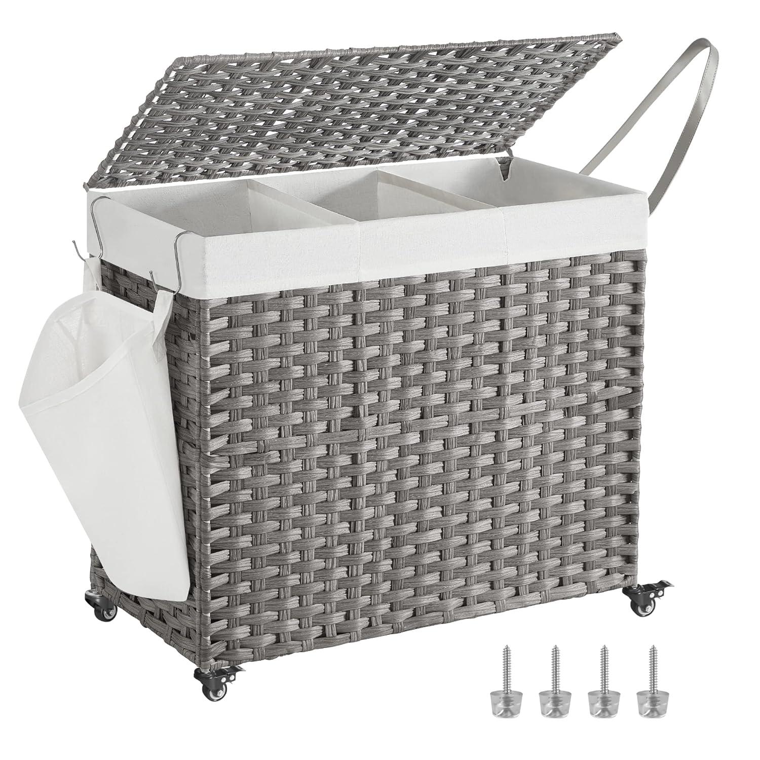 SONGMICS Laundry Hamper with Lid, 42.3 Gallons (160 L), Rolling Laundry Basket with Wheels, 3-Section Synthetic Rattan, Removable Liner, Bedroom, 27.6 x 14.2 x 26 Inches, Gray ULCB365G01