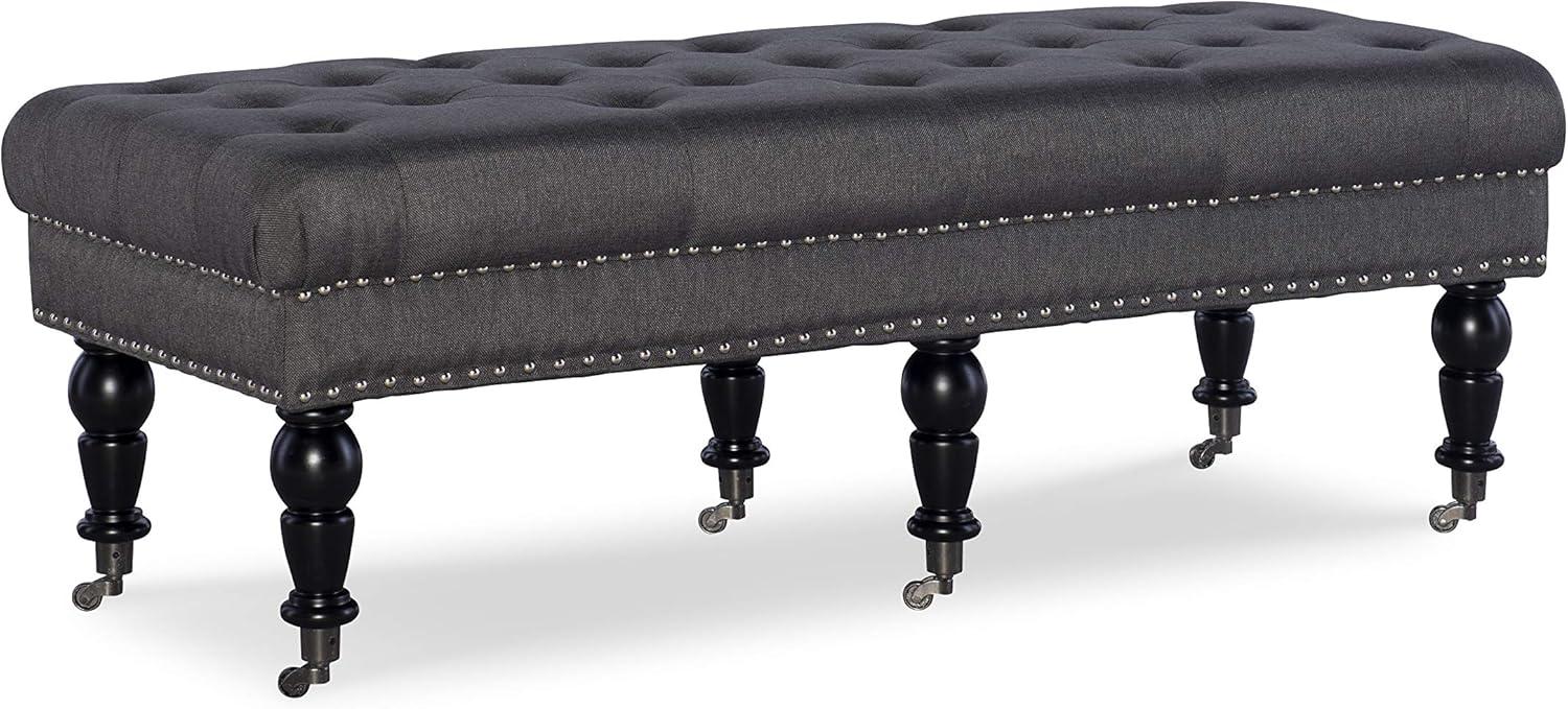 Isabelle 62" Charcoal Linen Upholstered Bench with Silver Nailheads