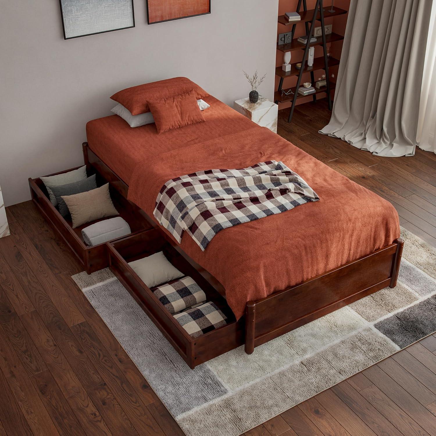 Barcelona Full Solid Wood Panel Platform Bed with Storage Drawers in Walnut