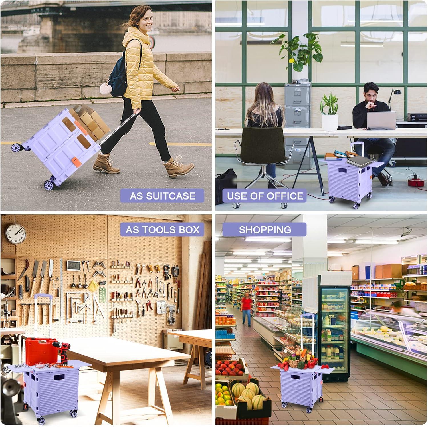 Folding Utility Cart Portable Rolling Crate Handcart with Magnetic Sliding Lid Telescoping Handle Heavy Duty Plastic Box Dolly 360Swivel Wheels for Travel Shopping Move Office Use(Purple Pro)