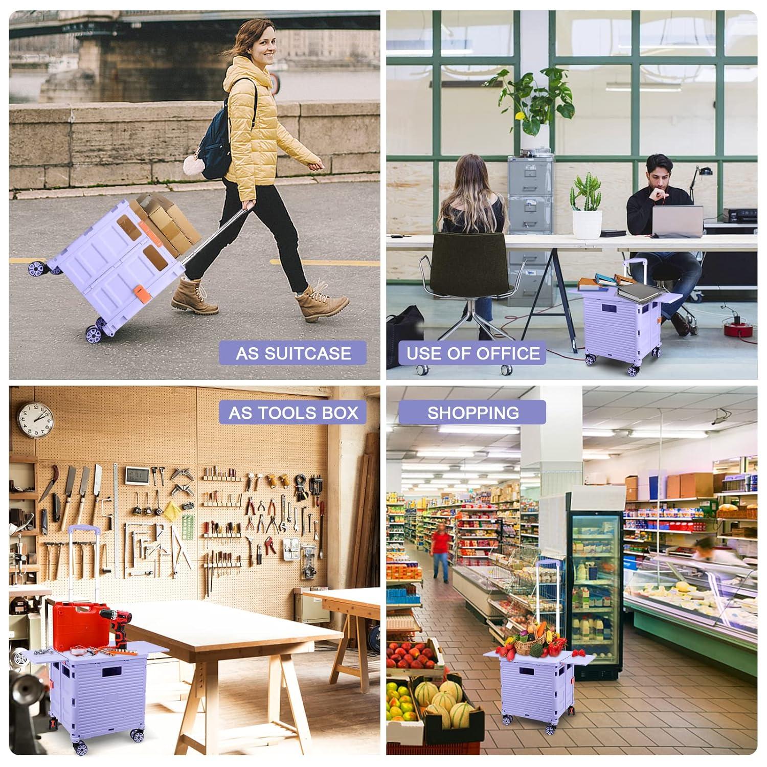 Folding Utility Cart Portable Rolling Crate Handcart with Magnetic Sliding Lid Telescoping Handle Heavy Duty Plastic Box Dolly 360Swivel Wheels for Travel Shopping Move Office Use(Purple Pro)