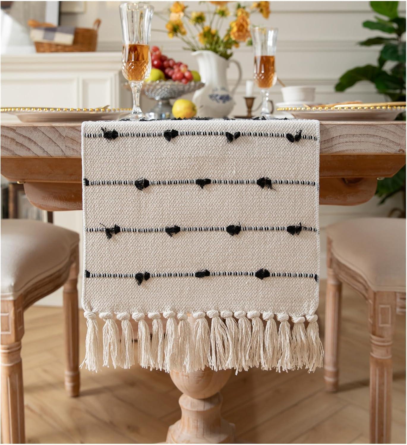 Table Runner 13 X 90 Inch Long Natural Cotton Woven Runner With Tassels For Home Dining Table Décor, For Modern Farmhouse Decor Coffee Table Runner