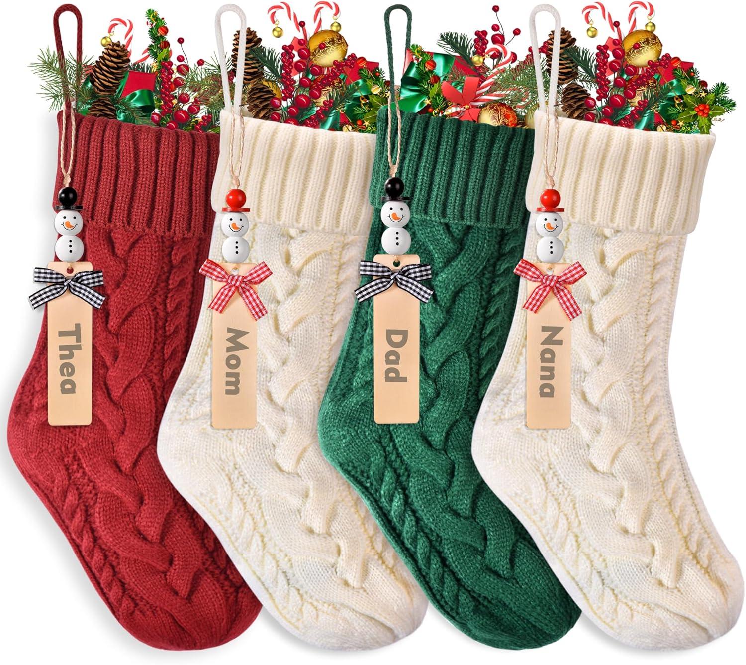 18-Inch Red and White Knitted Christmas Stockings with Snowman Tags, Set of 4