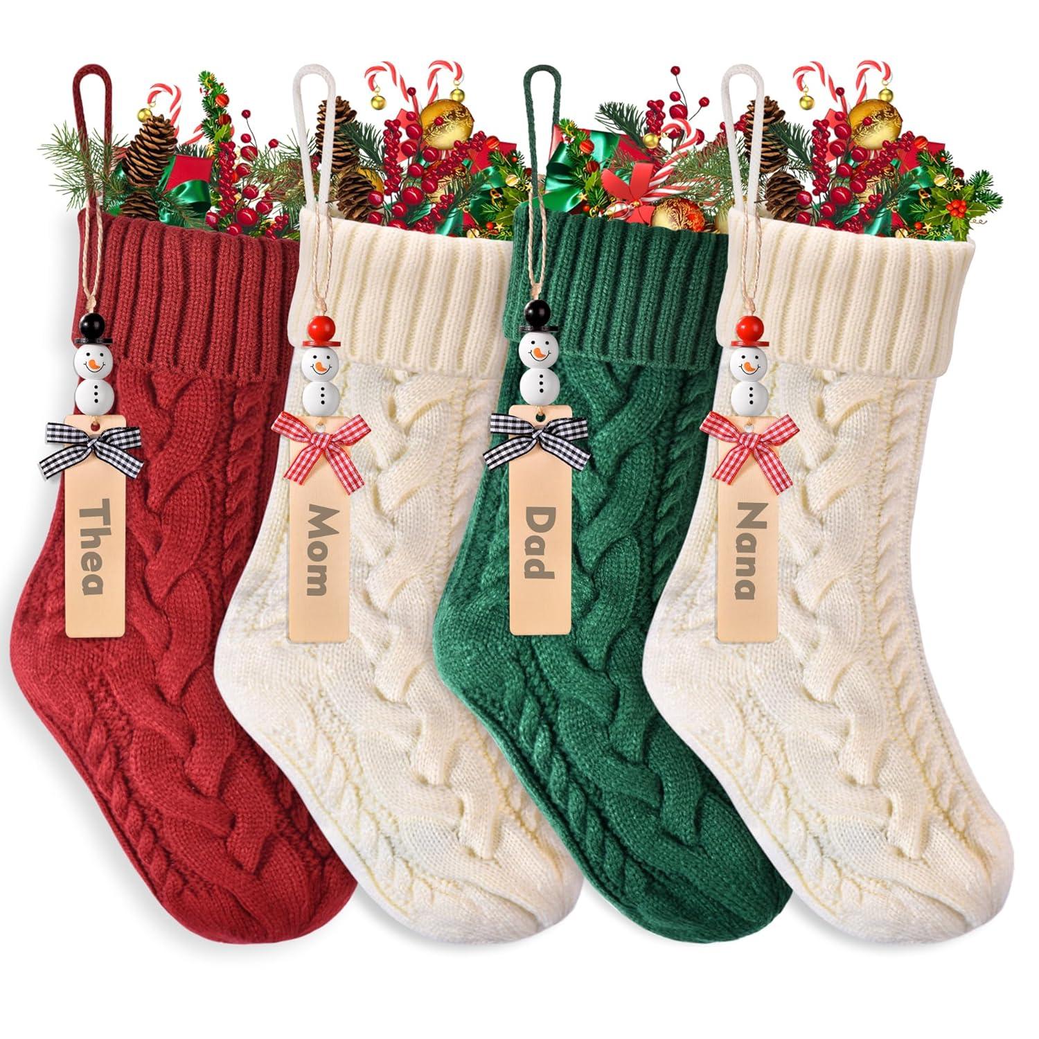 Dalrosia Personalized Christmas Stockings - 18 Inches Hanging Stockings with DIY Snowman Name Tags, 4PCS Large Size Knitted Stockings for Mantels, Christmas Tree Family Holiday Decor