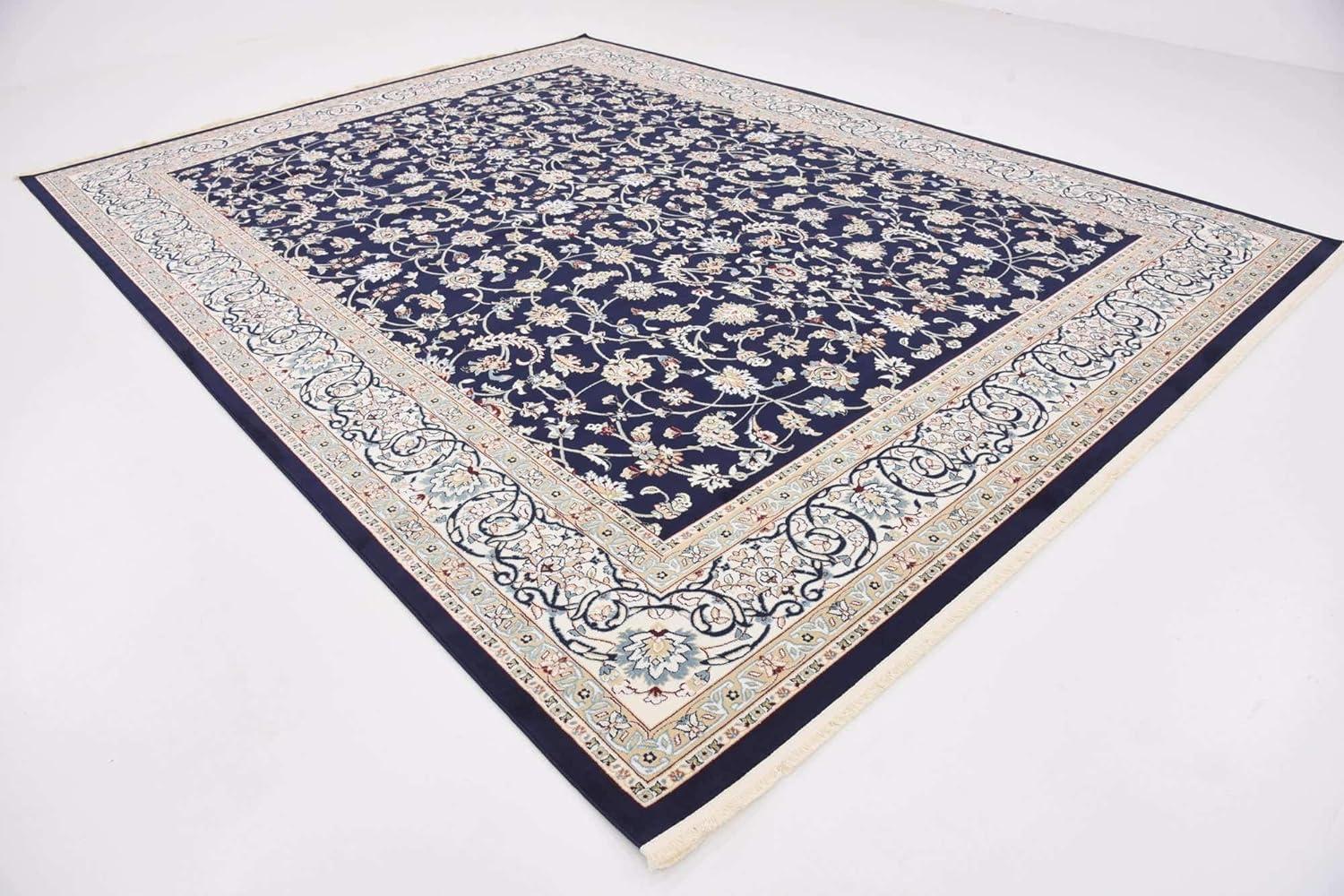 Navy Blue and Beige Synthetic Traditional Rectangular Area Rug