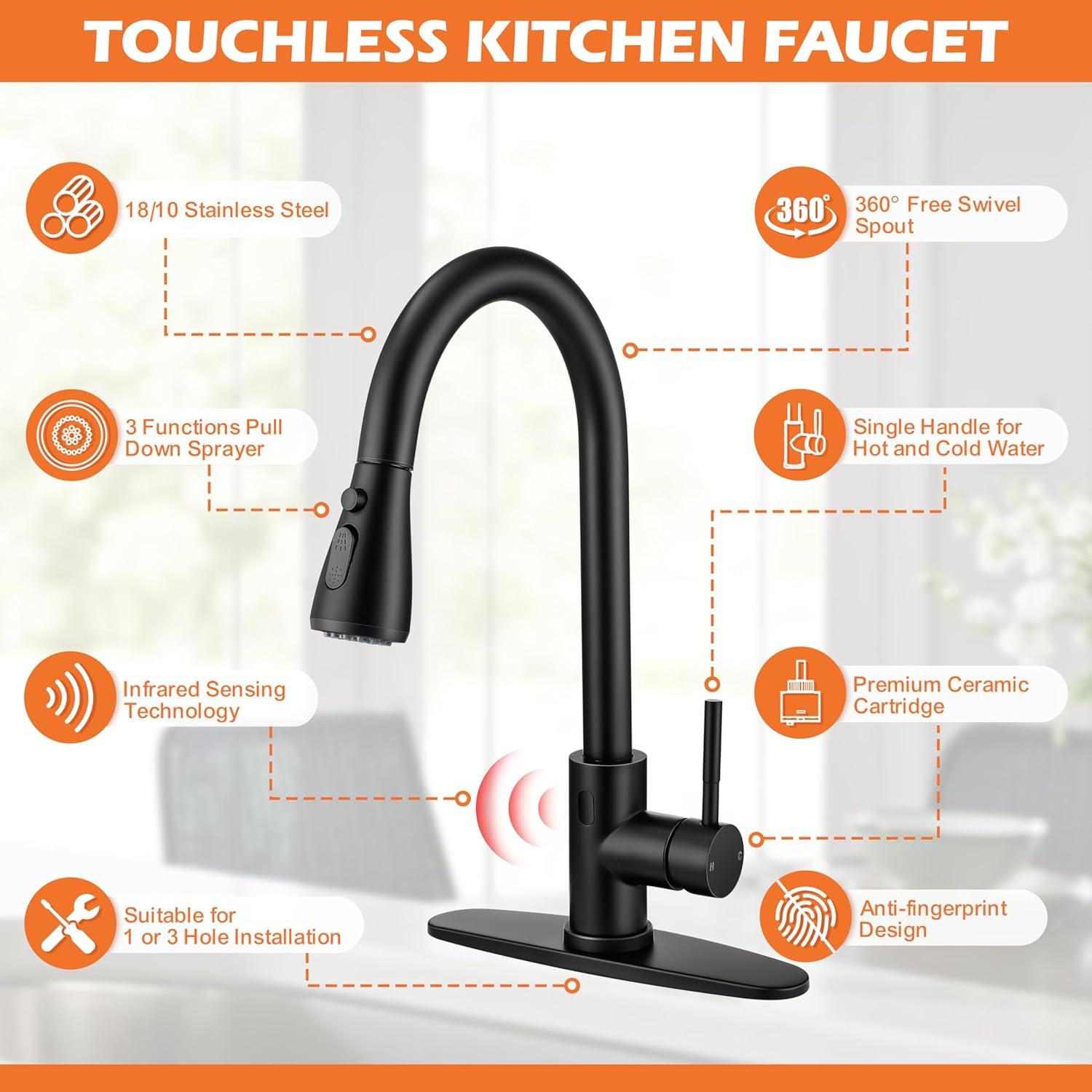 ARCORA Stainless SteelSingle Handle Pull-Down Sprayer Kitchen Faucet Set with Touchless Sensor