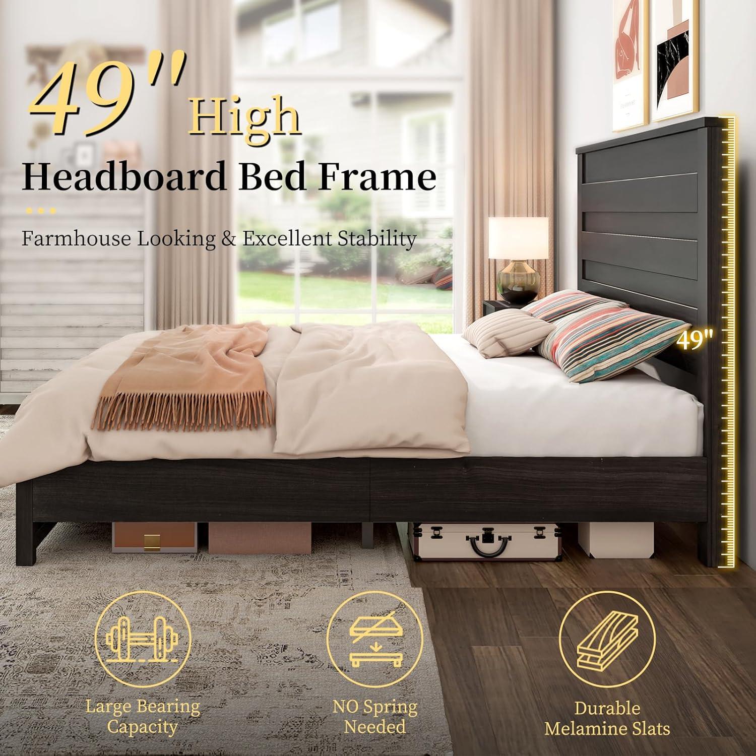 Marro Bed Frame with 49" Tall & Full-Panel Headboard, Farmhouse Platform Bed with Wood Slats & Metal Bed Frame, No Box Spring Needed/Noise Free