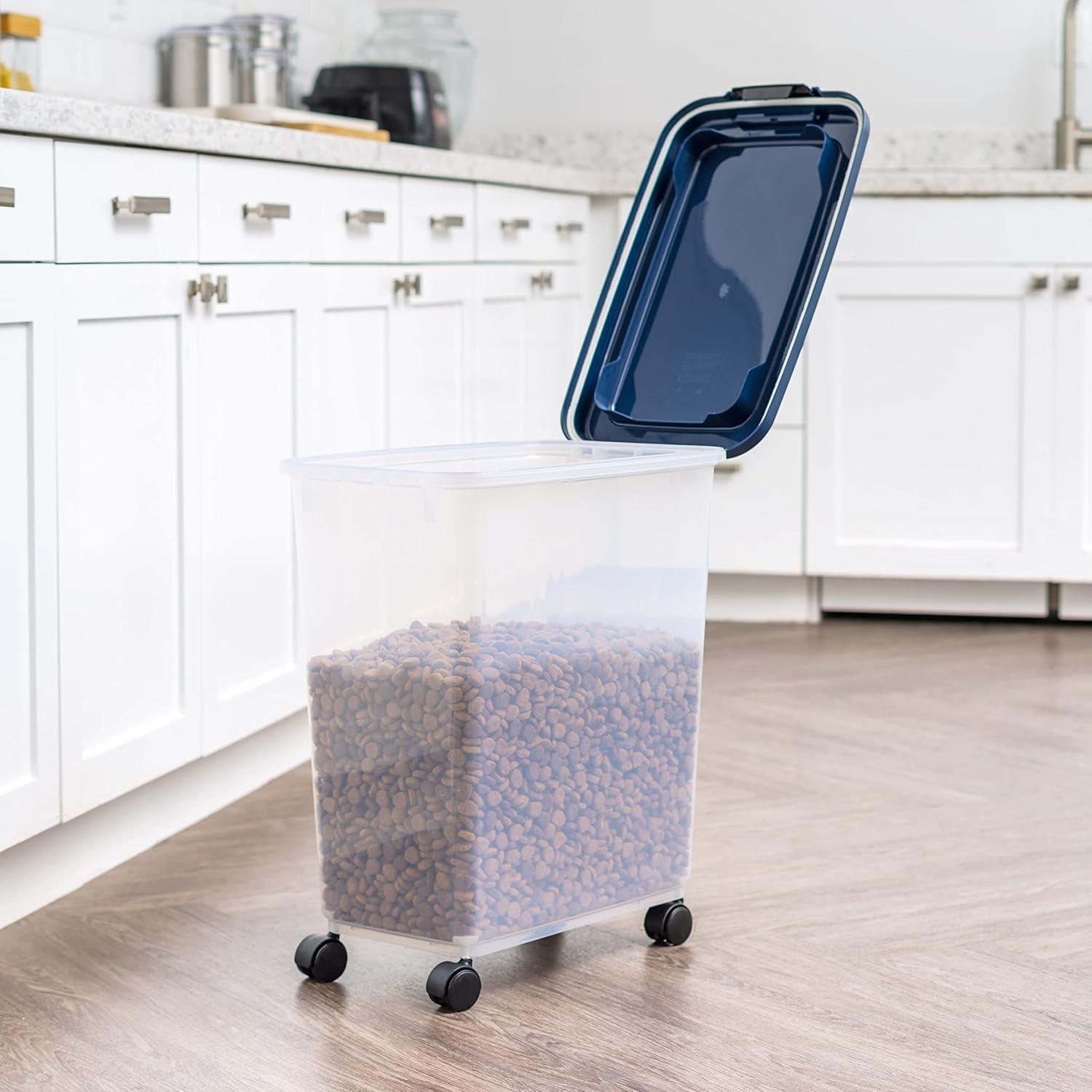 IRIS USA 40 Lbs / 45 Qt WeatherPro Airtight Pet Food Storage Container with Attachable Casters, For Dog Cat Bird and Other Pet Food Storage Bin, Keep Fresh, Translucent Body, Easy Mobility, Navy