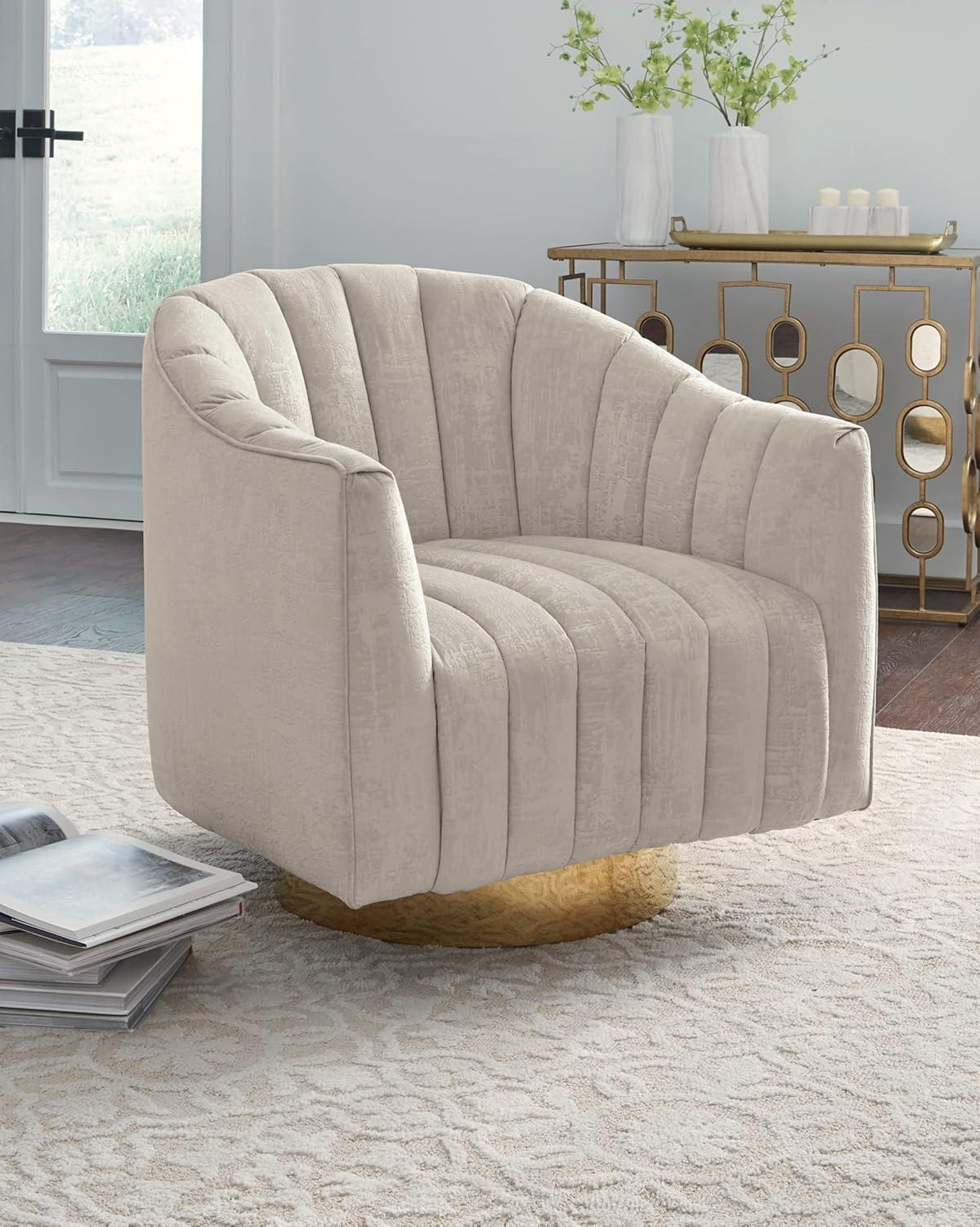 Beige Velvet Barrel Swivel Accent Chair