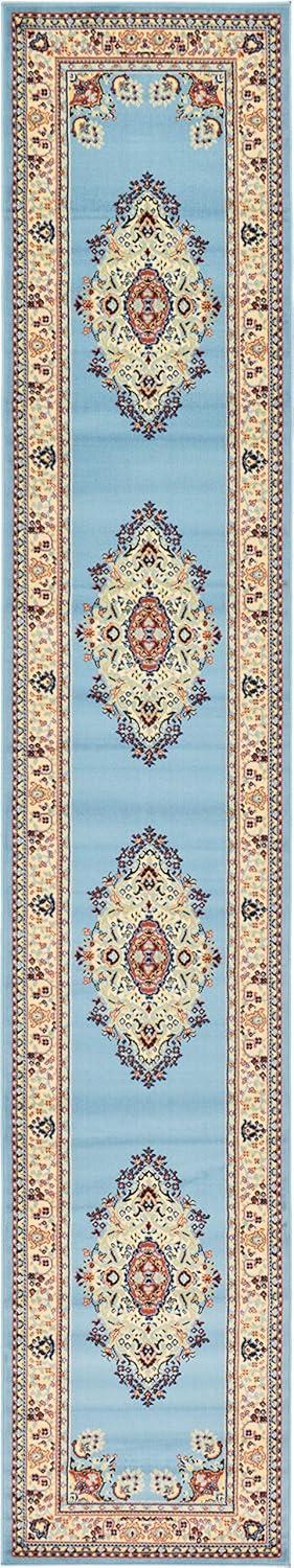 Elegant Light Blue Medallion Runner Rug, 3' x 16' 5", Synthetic Easy-Care