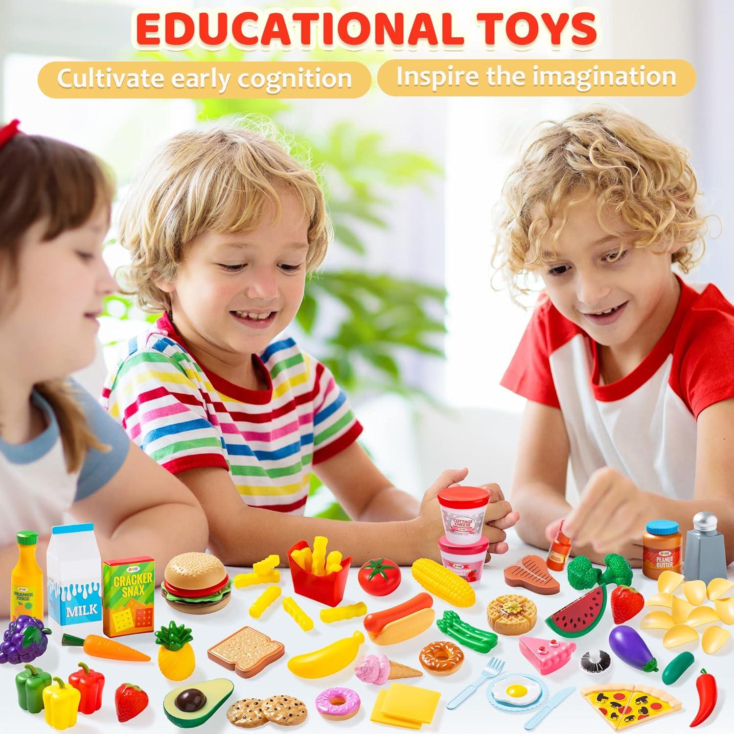 SYNCFUN 135Pcs Kids Play Food Set, Pretend Food Toys for Play Kitchen with Fruit, Vegetable, Food Can, Dessert, for Toddler Boys Girls 2 3 4 5 6 Years