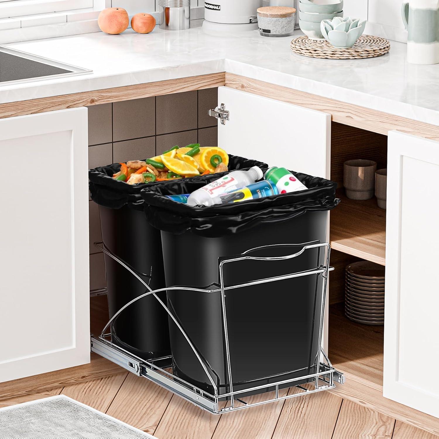 Double 35-Quart Sliding Pull Out Waste Bin Container, Kitchen Trash Can Under Cabinet Dual Trash Can Under Sink for Home Base Kitchen Cabinet - 17.5 Gallon