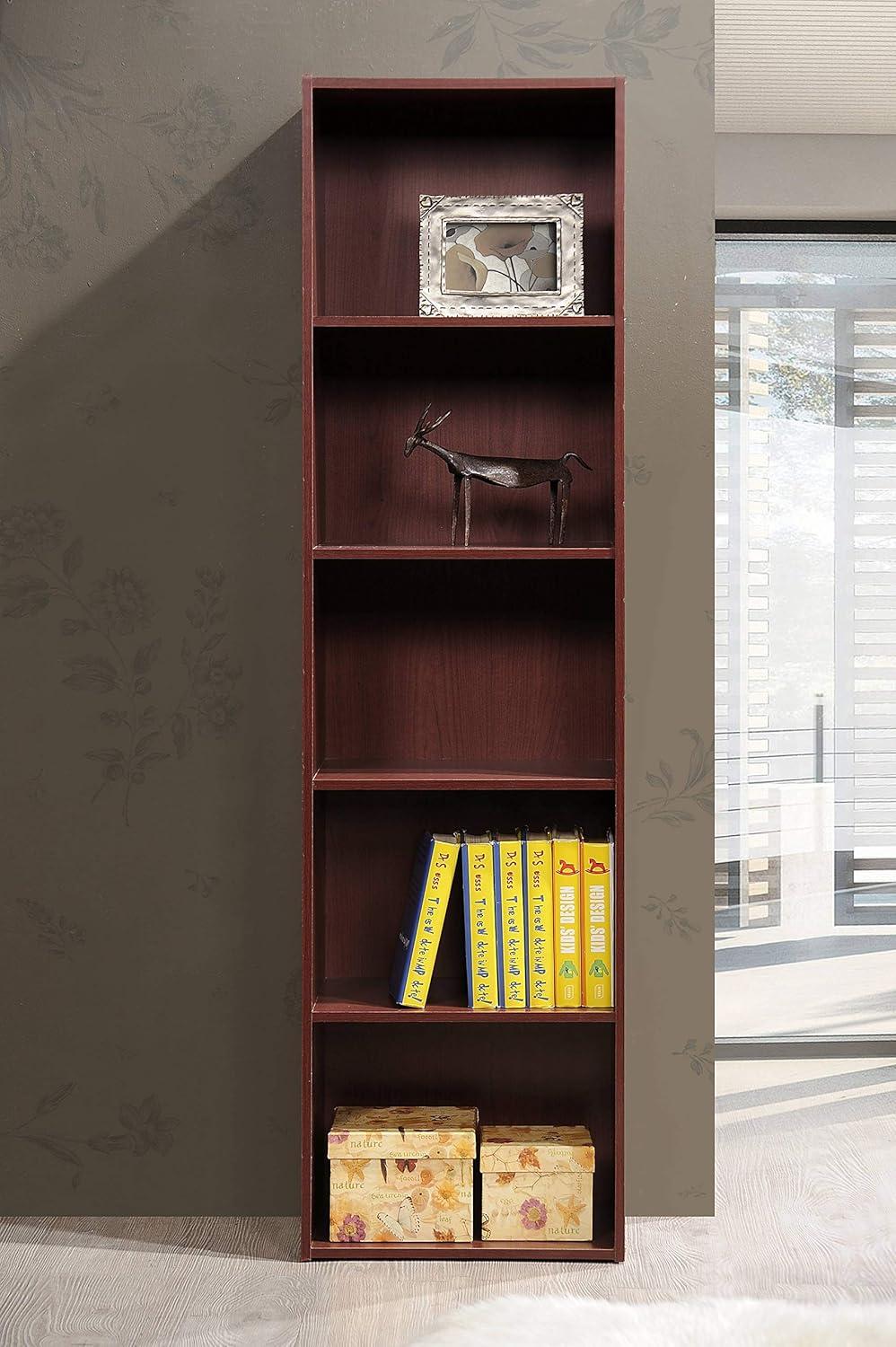 Hodedah 12 x 16 x 60 Inch 5 Shelf Bookcase and Office Organizer Solution for Living Room, Bedroom, Office, or Nursery, Mahogany Wood Finish