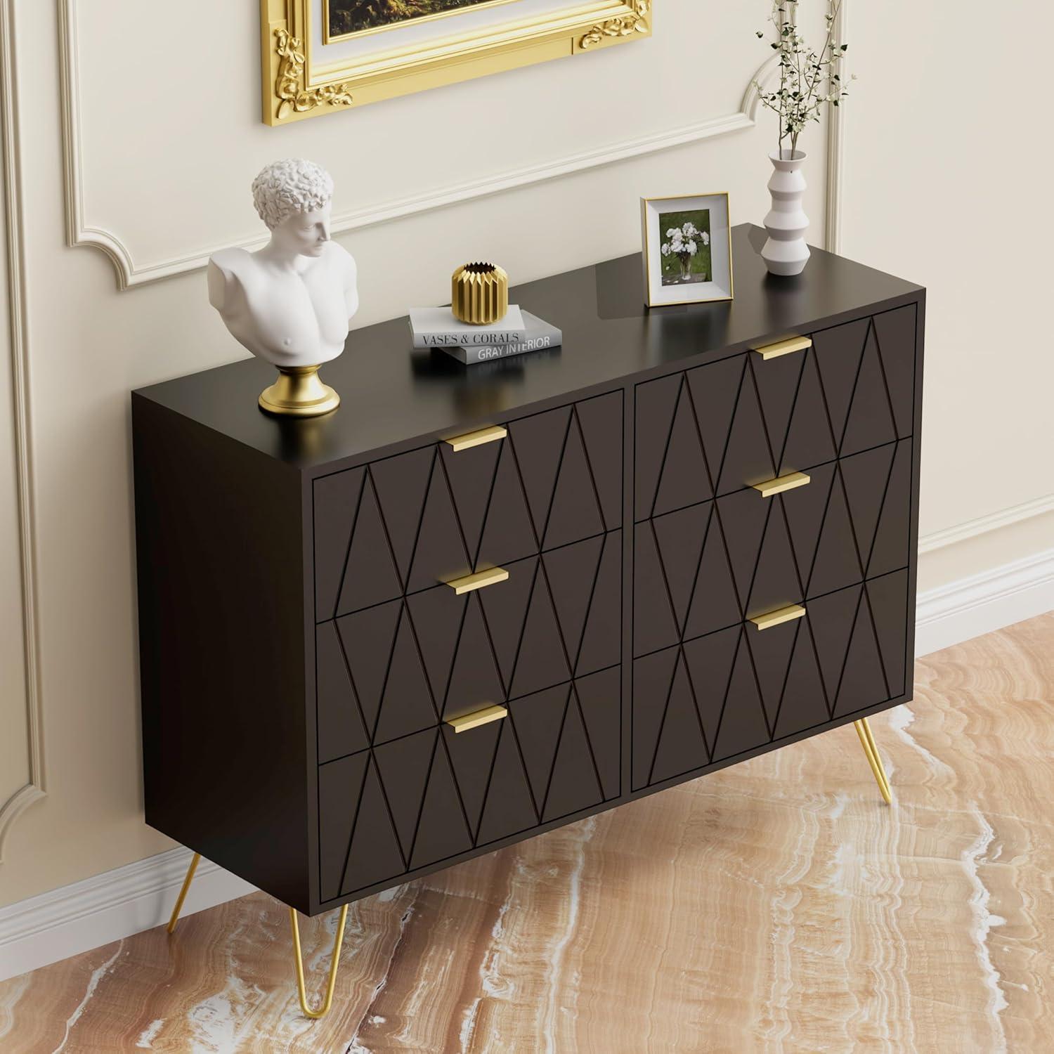 UEV Black 6 Drawer Dresser, Modern Dresser Chest with Wide Drawers and Metal Handles, Wood Storage Chest of Drawers for Bedroom,Hallway,Entryway