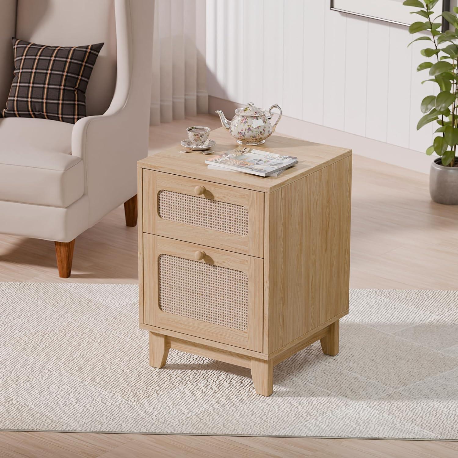 Tolead Rattan Mid-Century Modern Nightstand Set with Handmade Rattan Decorated Drawer and Door, Bedroom, Living Room, Natural