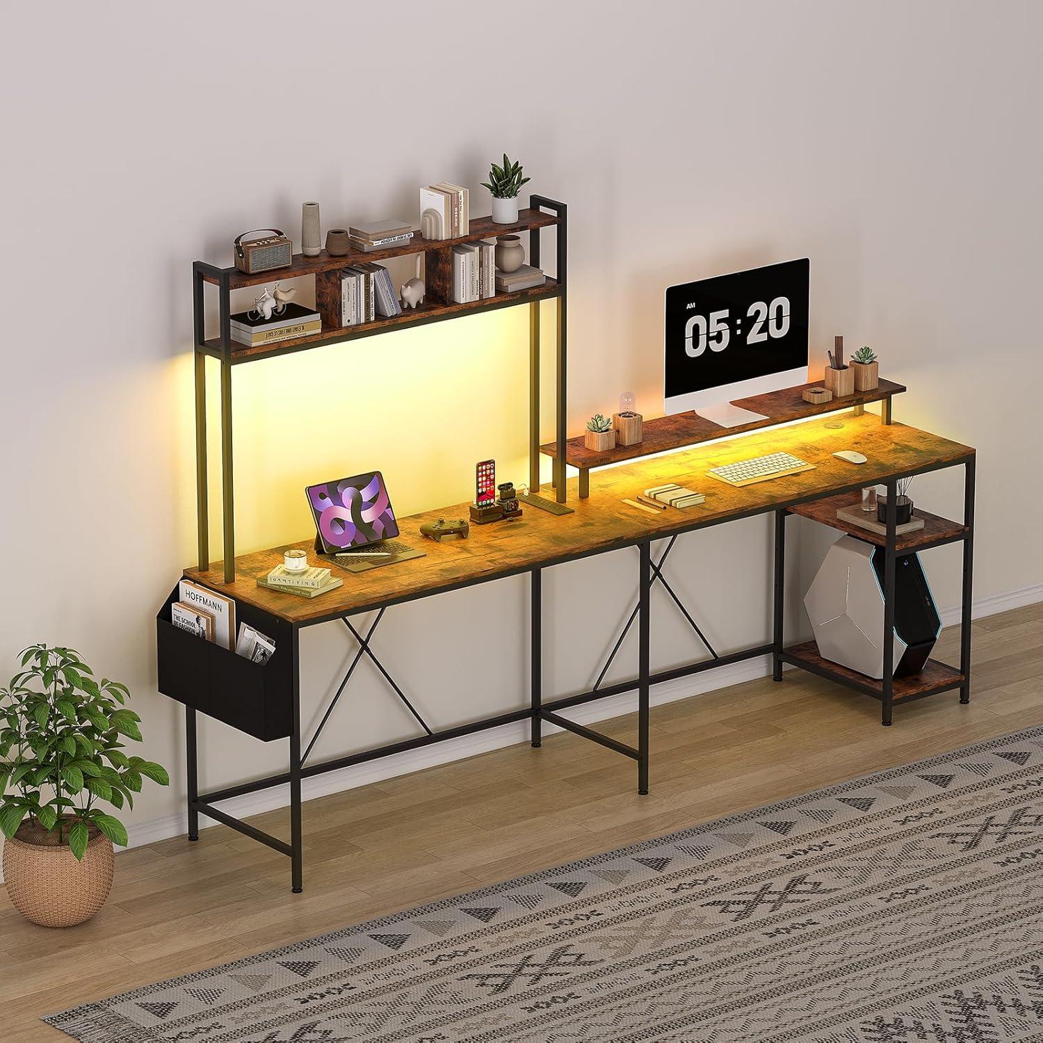 Jojoka L Shaped Storage Shelf Computer Gaming Desk with LED Lights & Power Outlets, 67" Reversible Large Corner Desk with Monitor Stand, Home Office Desk, Study Desk, Writing Desk, Workstation, Brown