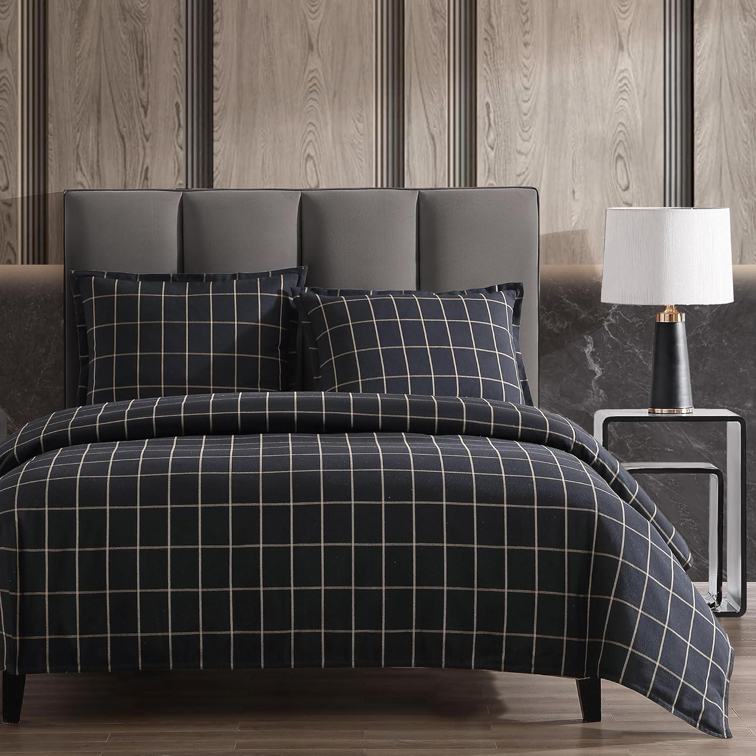 Super King Black Cotton Windowpane Plaid Duvet Cover Set