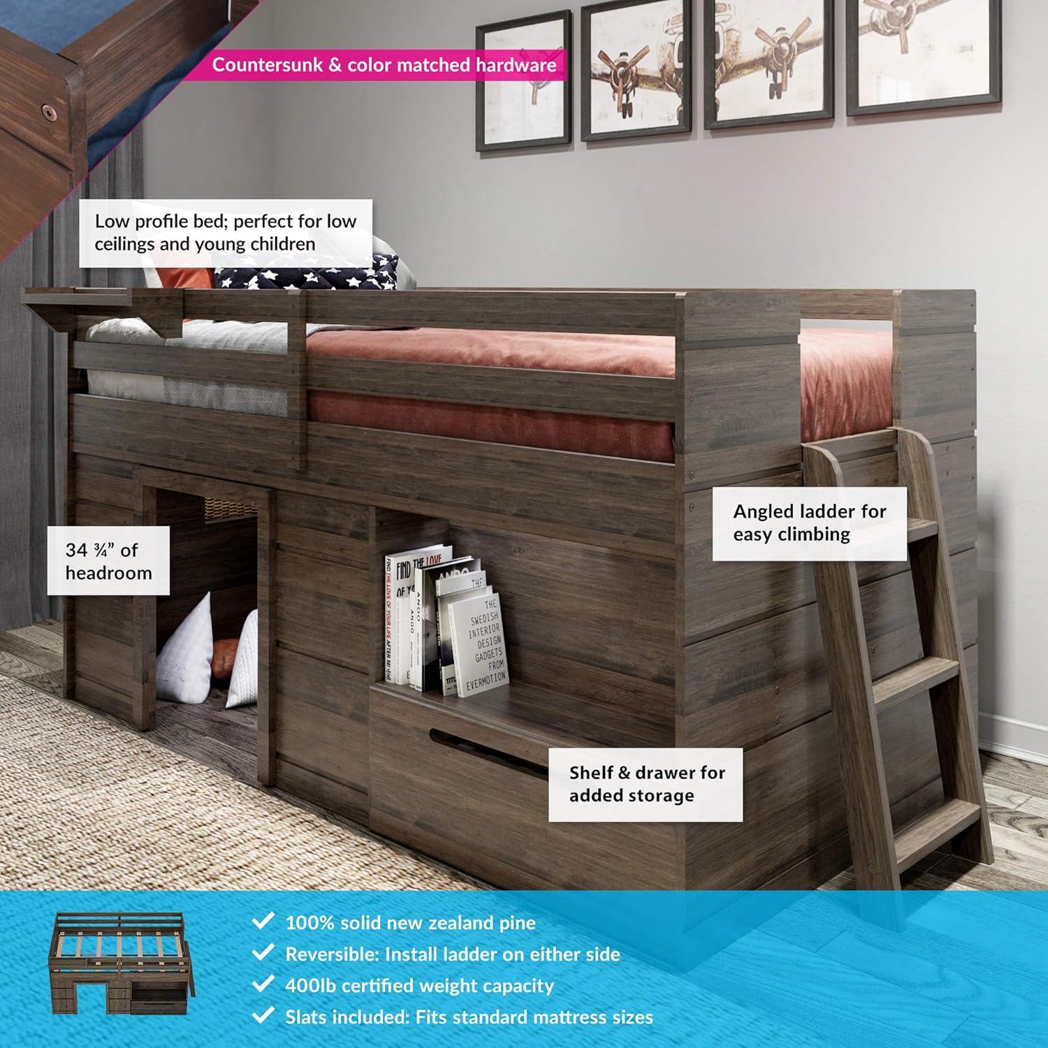 Max & Lily Loft Bed Twin Size Solid Wood Platform Bed Frame for Kids with Storage Drawer, Barnwood Brown