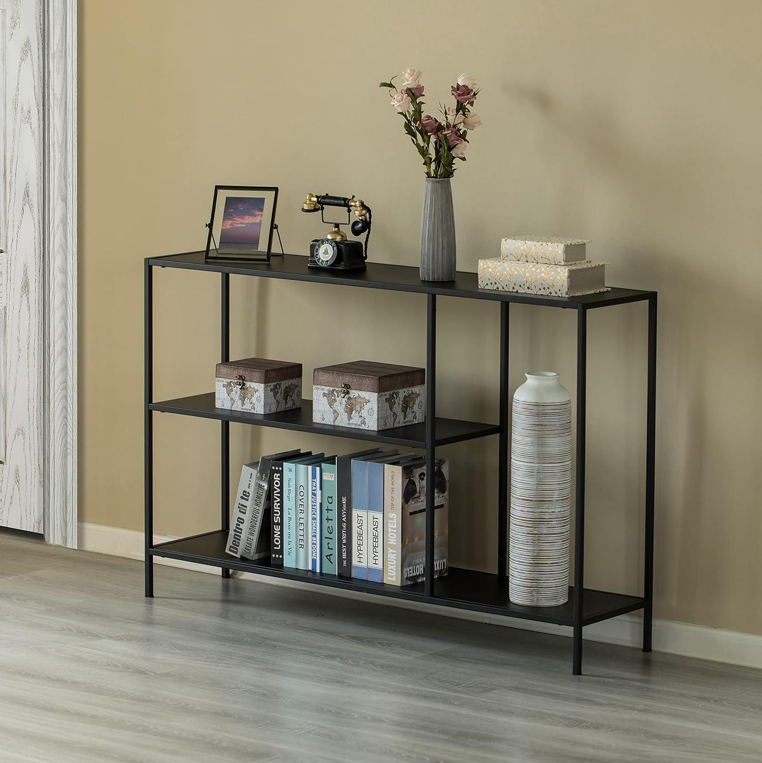 Black Metal Console Table with Open Shelves, 50" Modern Design