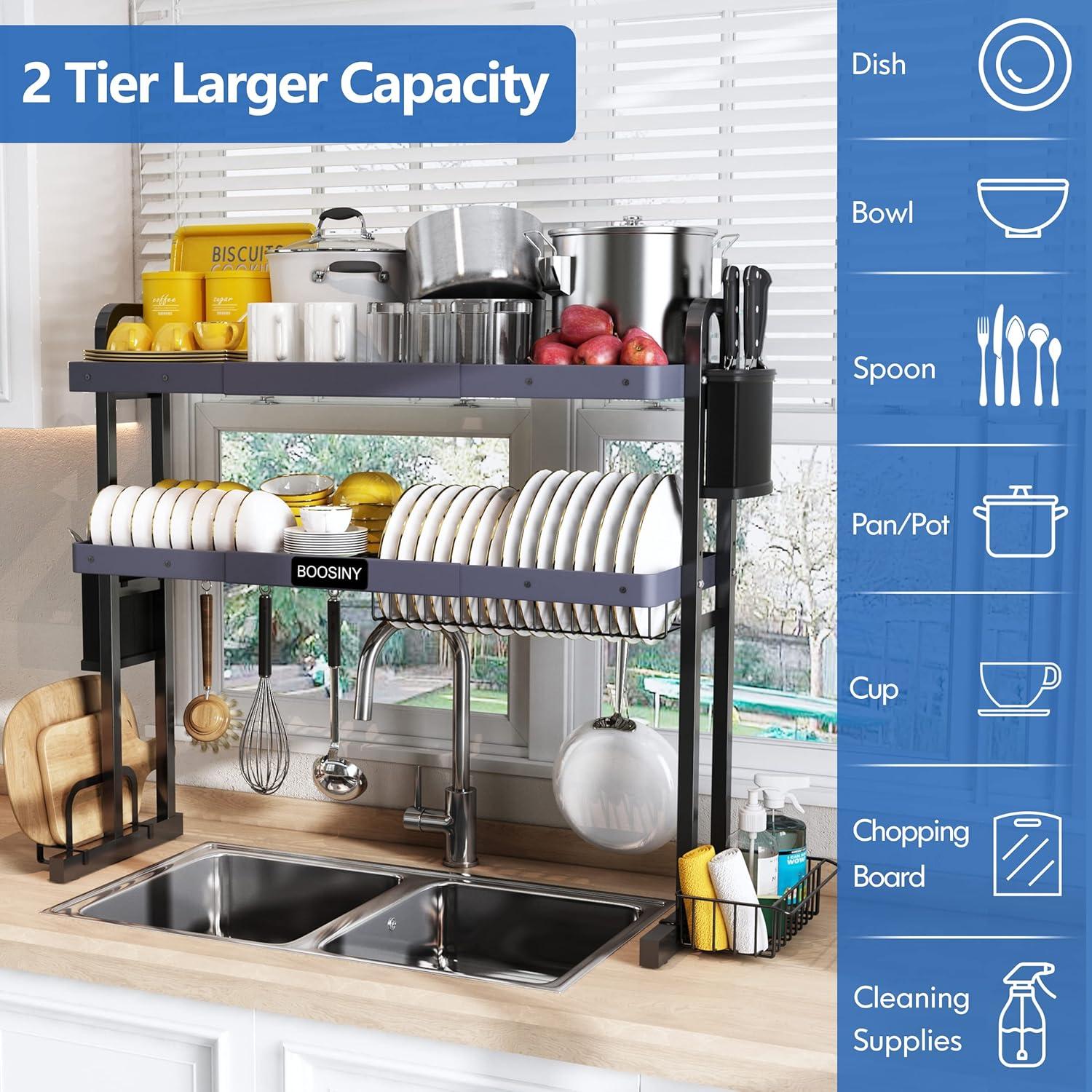 Adjustable Gray Stainless Steel 2-Tier Over Sink Dish Rack