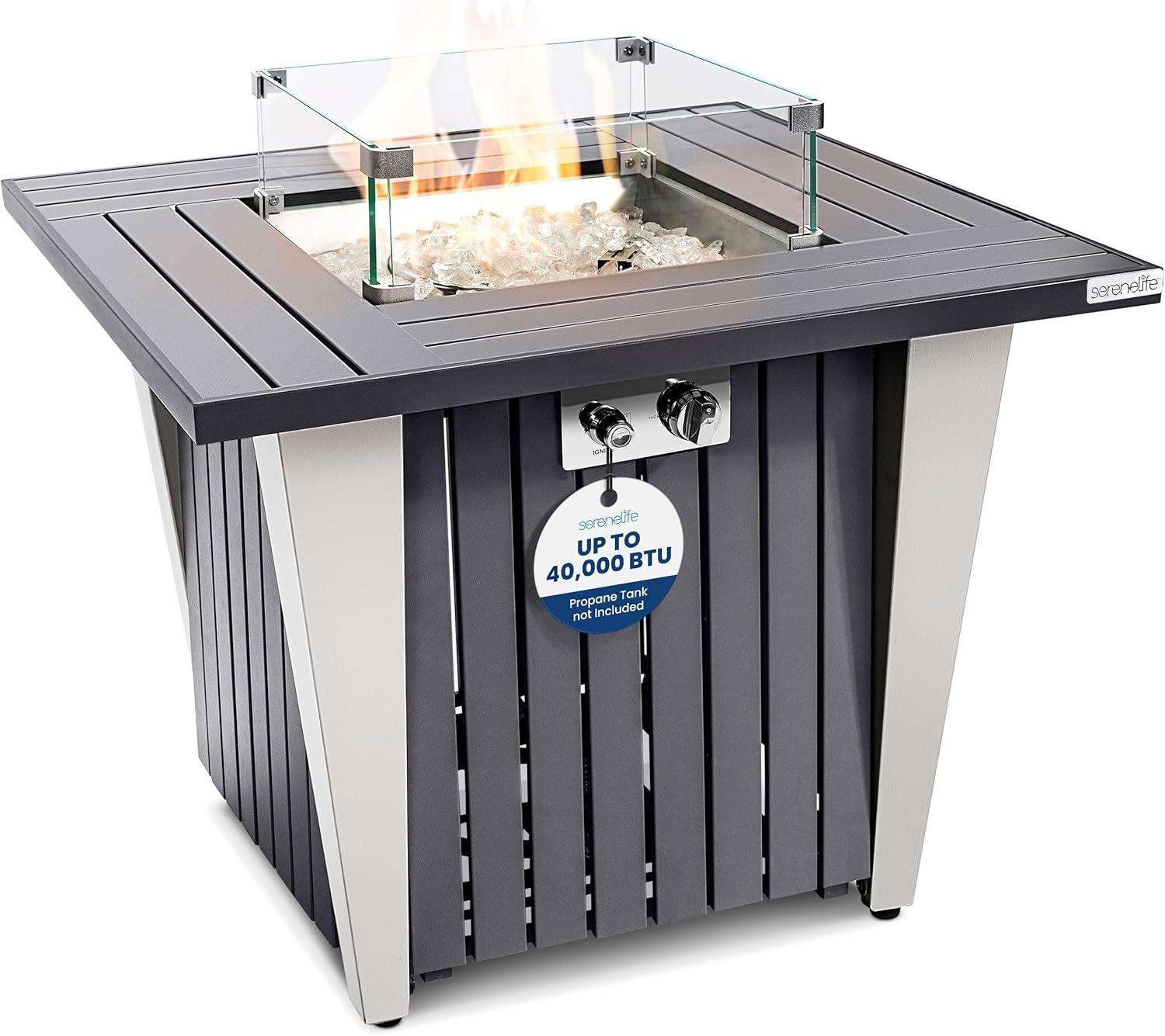 Outdoor Propane Fire Pit Table, Weatherproof Square Propane Gas Fire Table w/Adjustable Flame