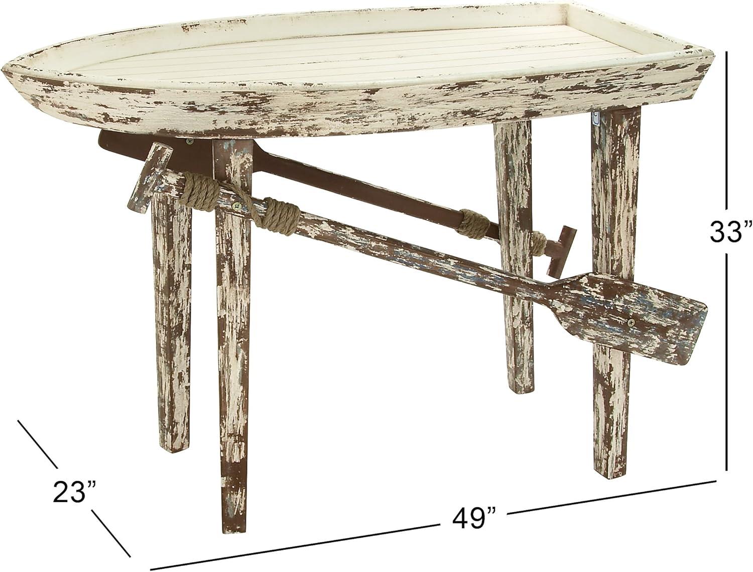 DecMode 49" x 33" White Wood Distressed Tray Top Boat Accent Table with Oar Detailed Legs, 1-Piece