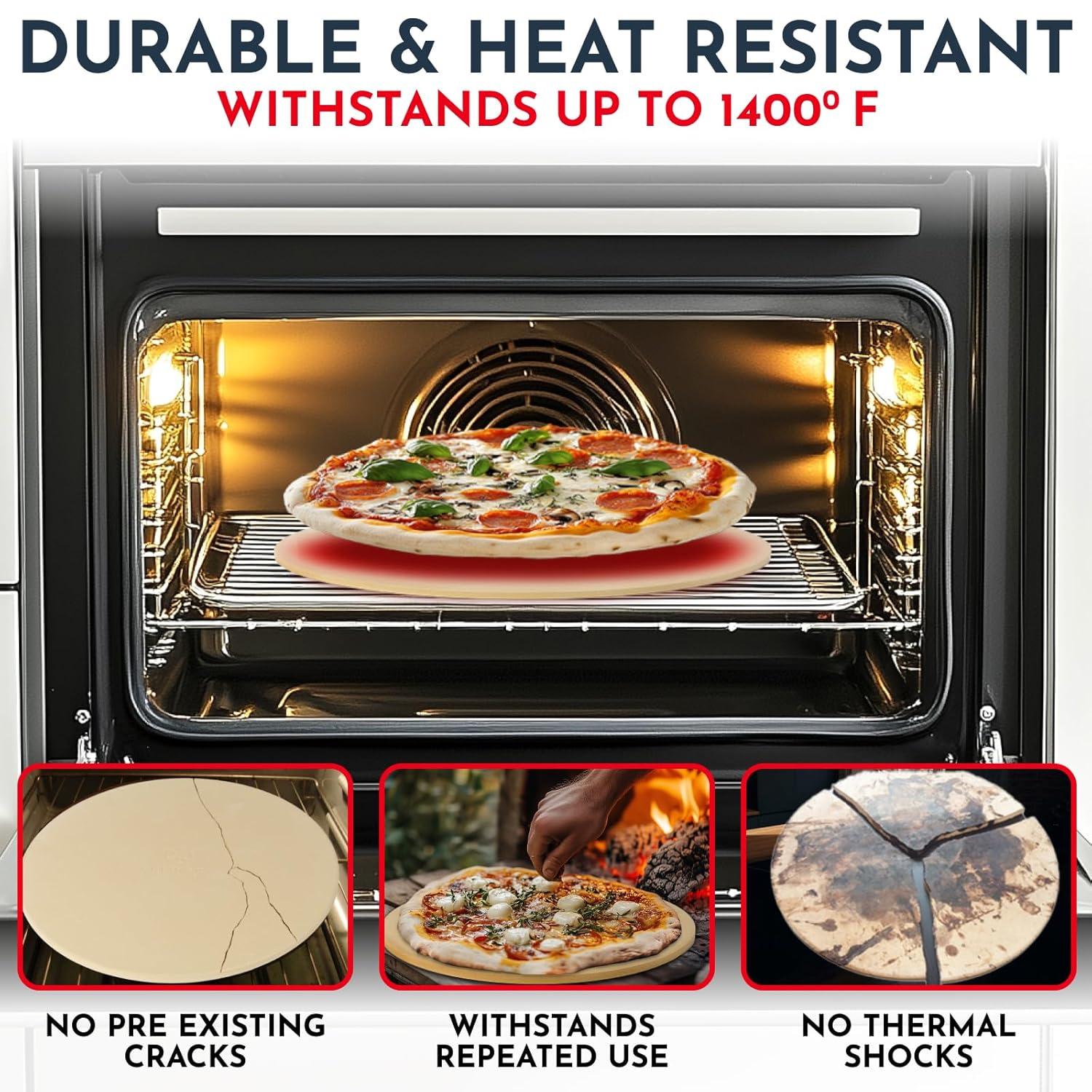3PCS Round Pizza Stone for Oven Set 15" - Comes with Pizza Peel for Oven and Cutter - Cordierite Stones for Bread, Calzone, Cookies