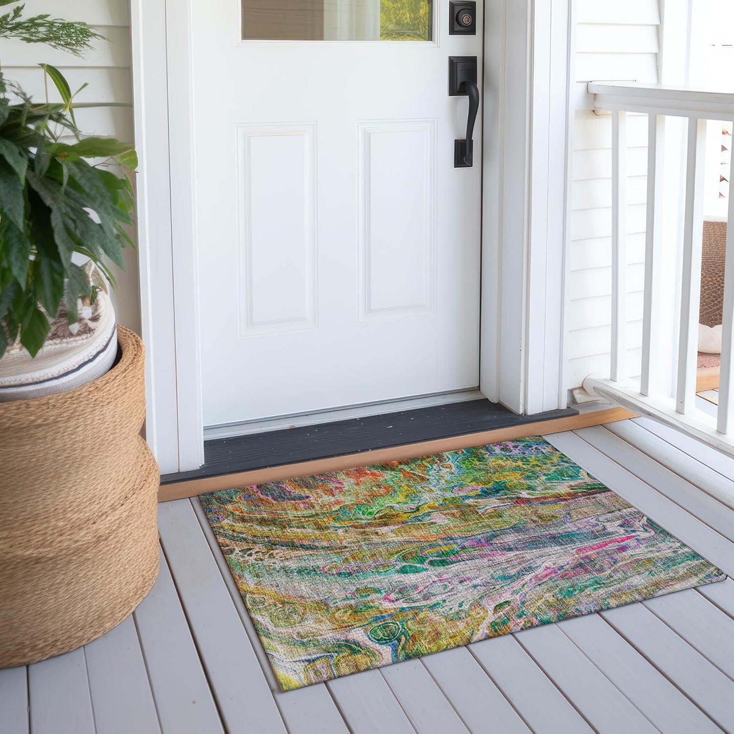 Green Abstract Synthetic Washable Rectangular Rug