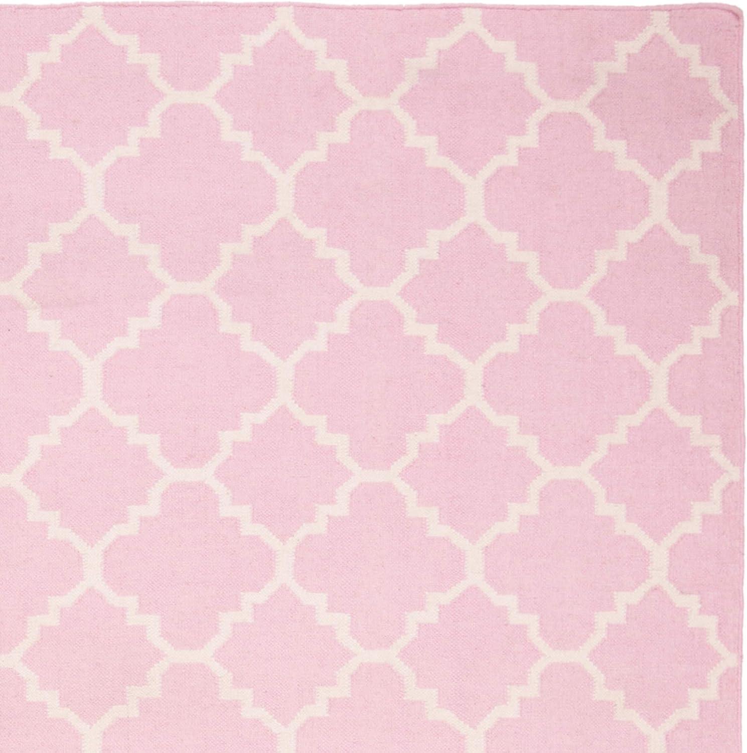 Pink and Ivory Geometric Wool Flatweave Area Rug, 5' x 8'