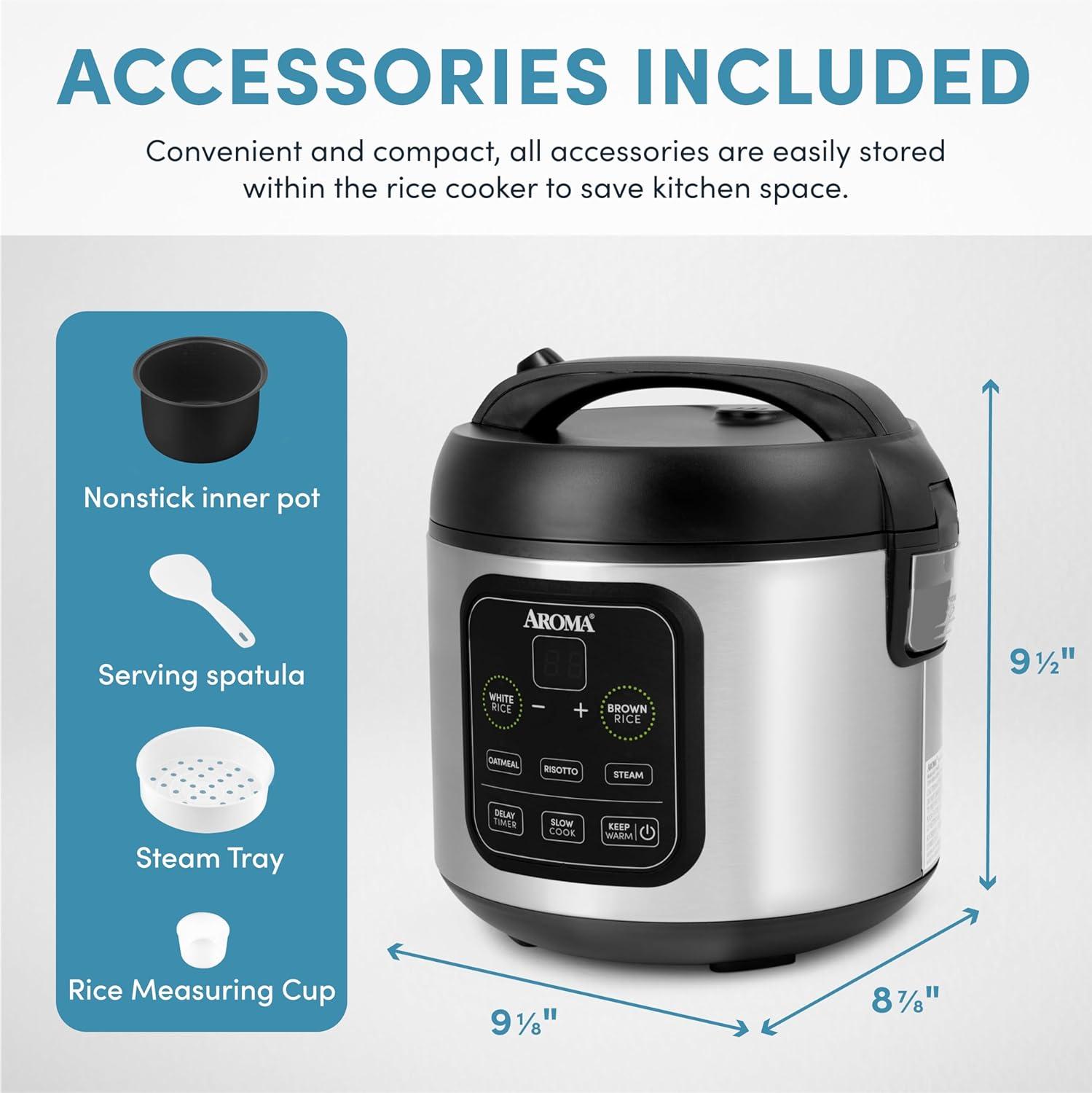 Aroma Aroma 4-Cup (Uncooked) / 8-Cup (Cooked), 2Qt. Digital Rice & Grain Multicooker, Slow Cooker, Automatic Keep Warm Mode, Steam Tray Included, Stainless Steel (ARC-994SB)
