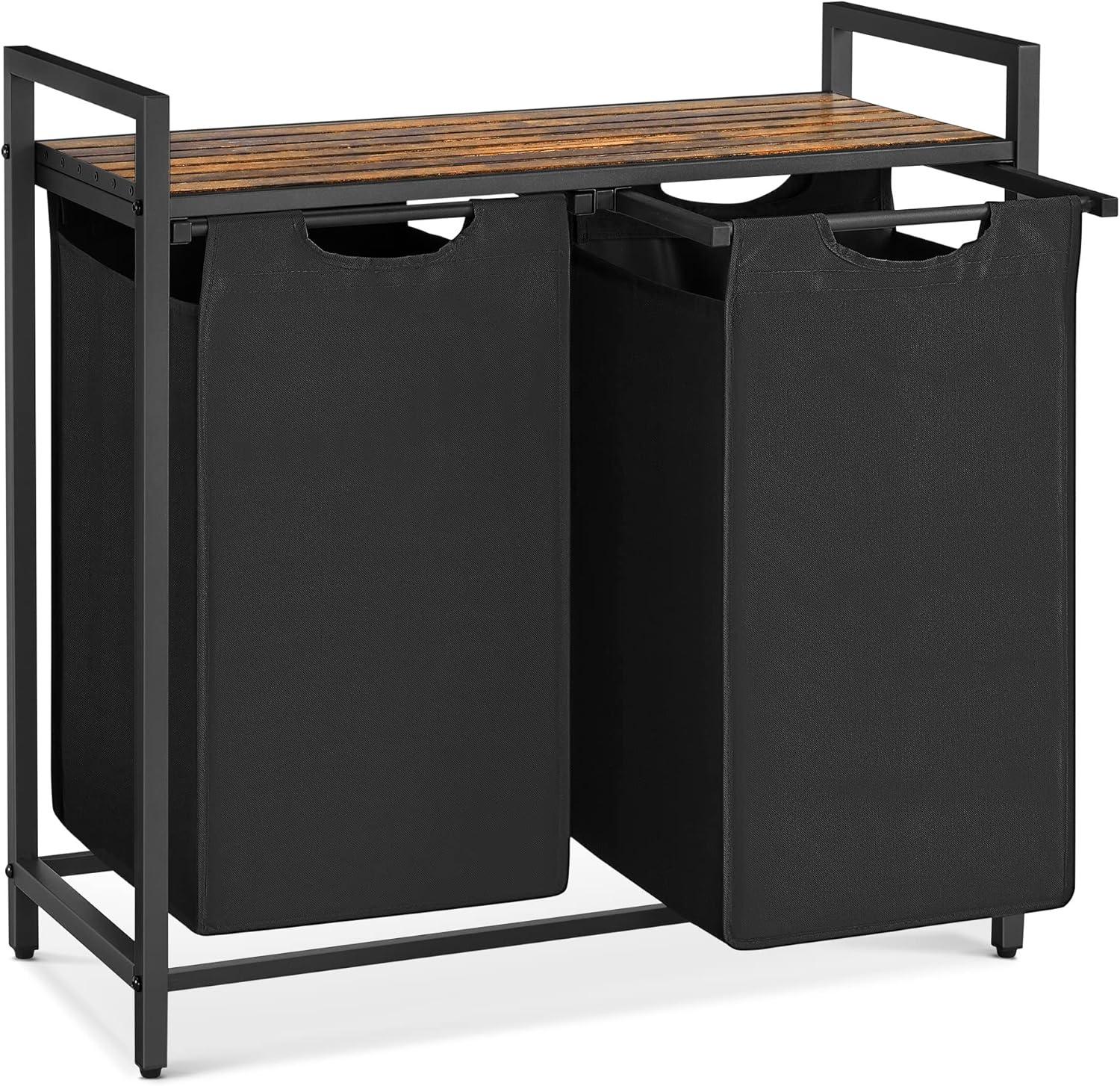 Black and Rustic Brown 2-Bag Laundry Sorter with Shelf