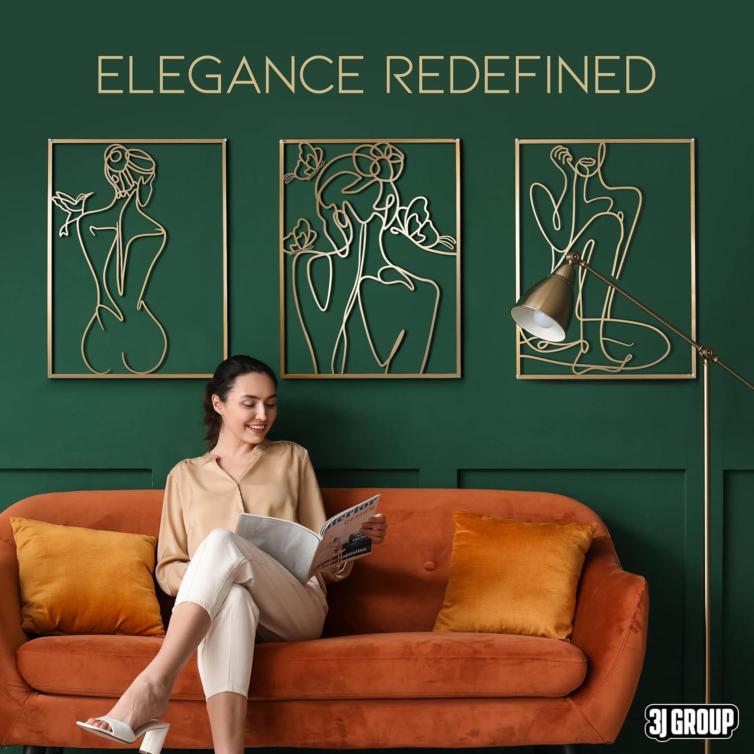 XL Gold Metal Wall Art - 18 x 24 Inches - 3 Piece Decor for Living Room - Female Framed Art - Extra Thick With Screws Included