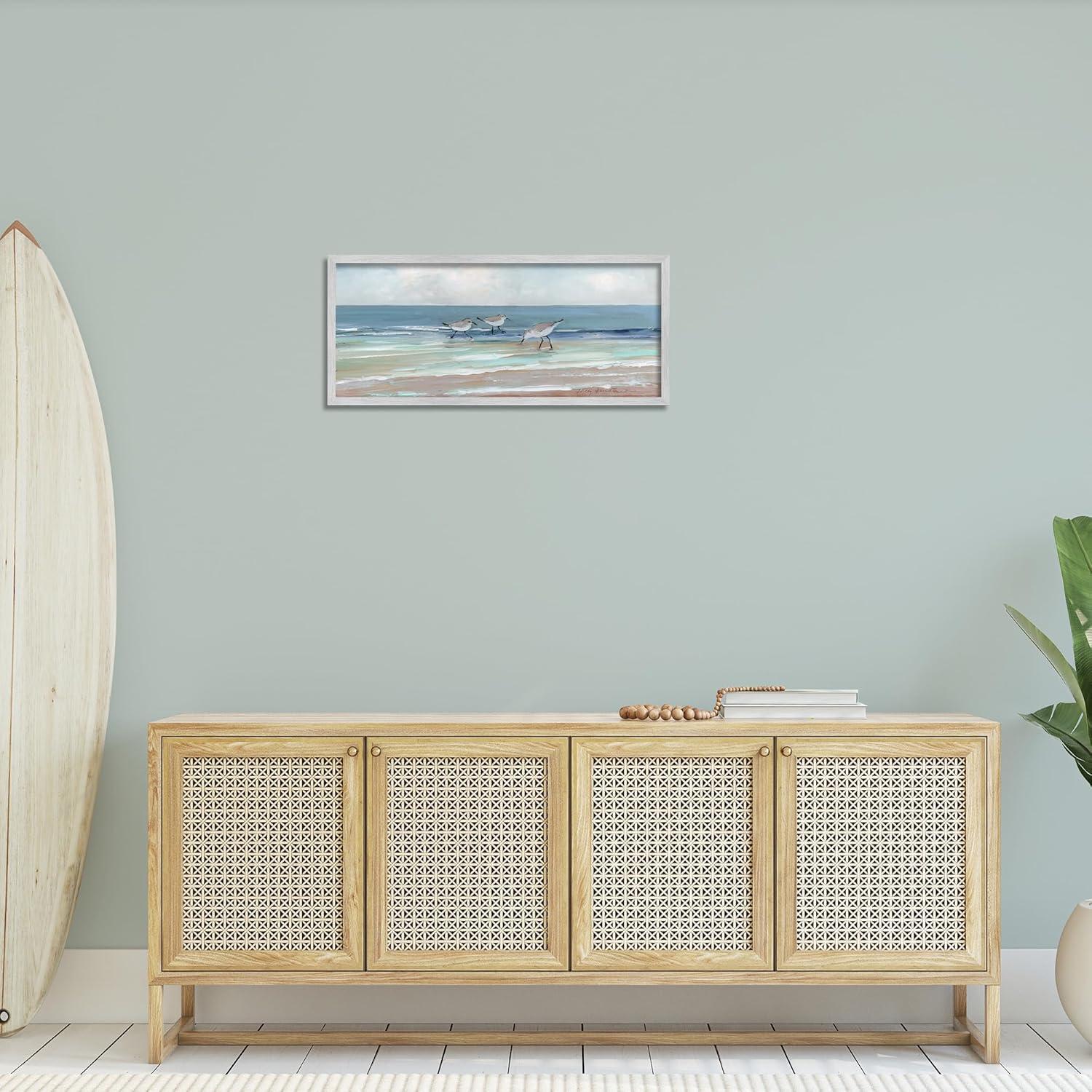 Stupell Industries Panoramic Sandpipers Birds Shoreline Ocean Landscape Painting Gray Framed Art Print Wall Art, 30x13, by Sally Swatland