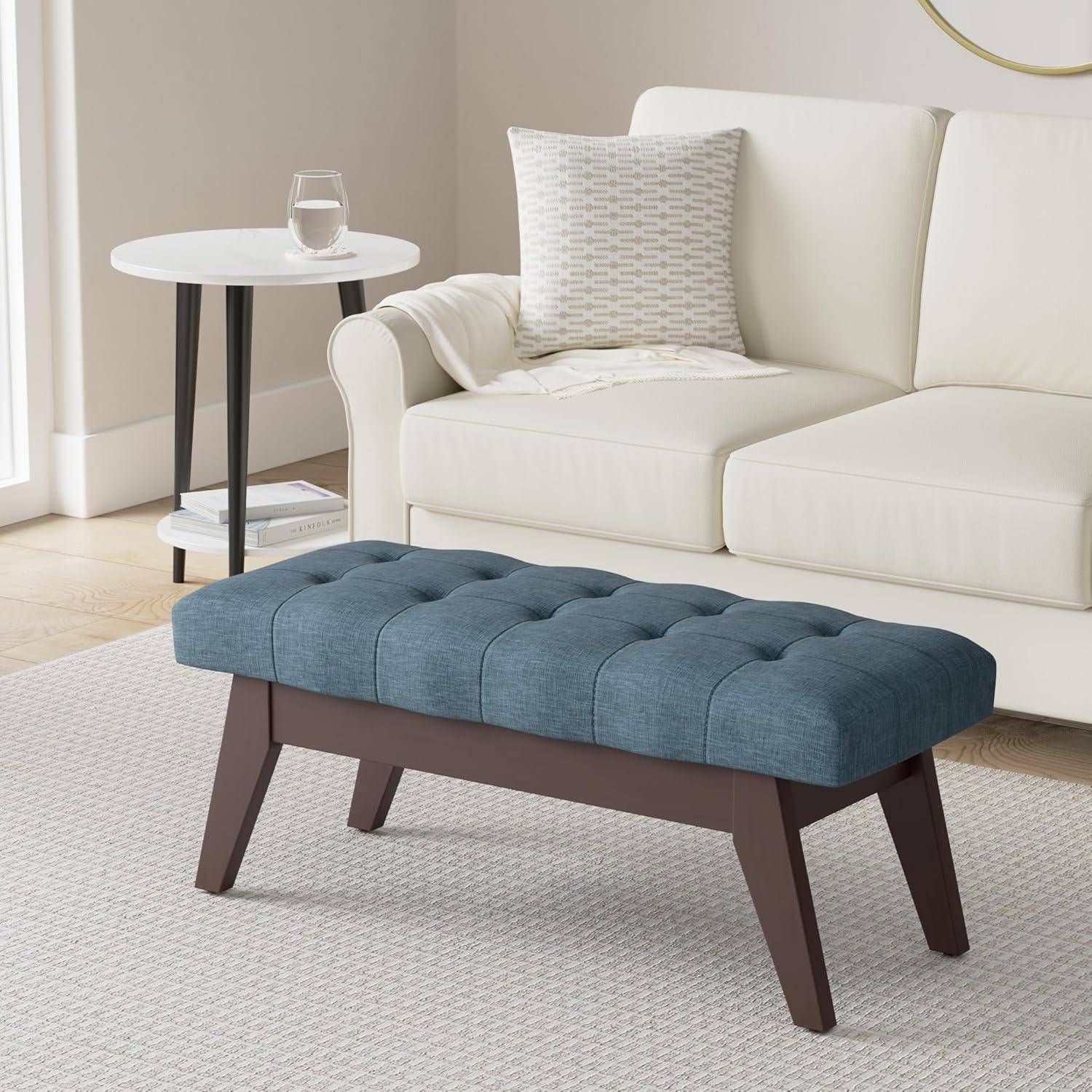 Draper 40 in. W Solidwood Tufted Ottoman Bench in Denim Blue Linen Look Fabric