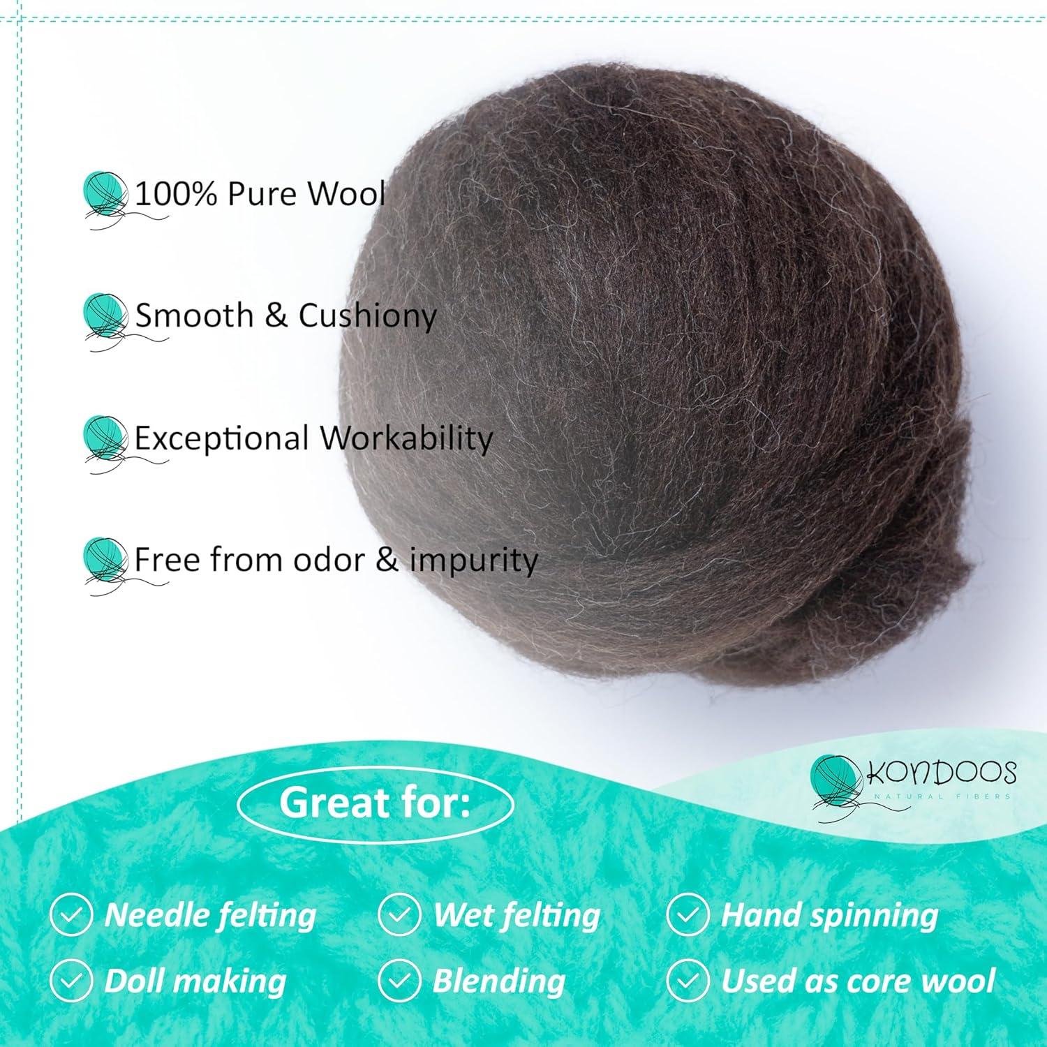 Kondoos Natural Wool roving, 8 OZ. Best core Wool for Needle,Wet Felting, handcrafts and Spinning. Natural Colors Bulk Yarn un-Dyed. (Dark Chocolate, 8 oz)