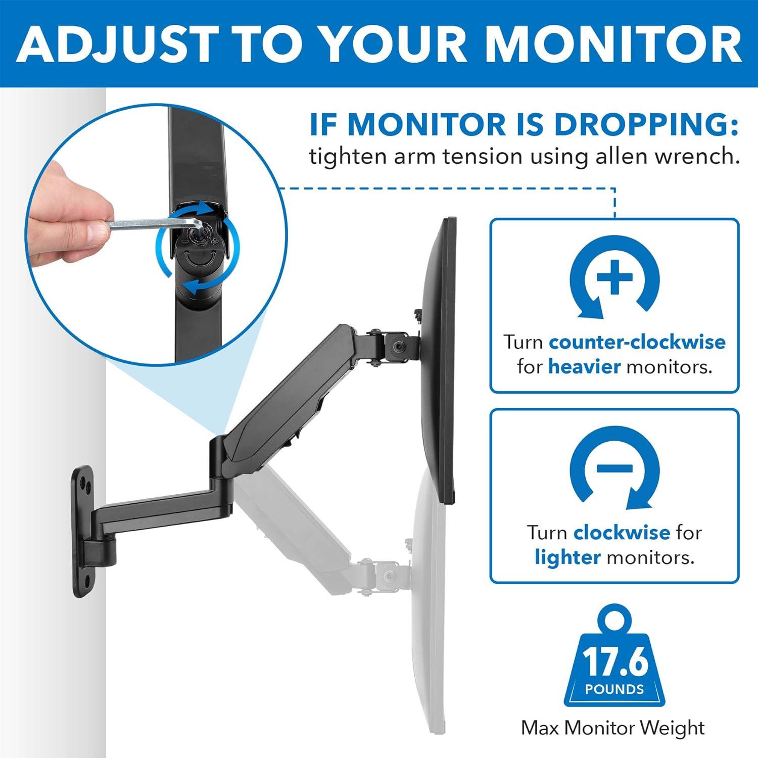 Mount-It! Single Monitor Wall Mount Arm | Height Adjustable Computer Bracket with Full Motion Gas Spring Arms | VESA 75 and 100 | Black