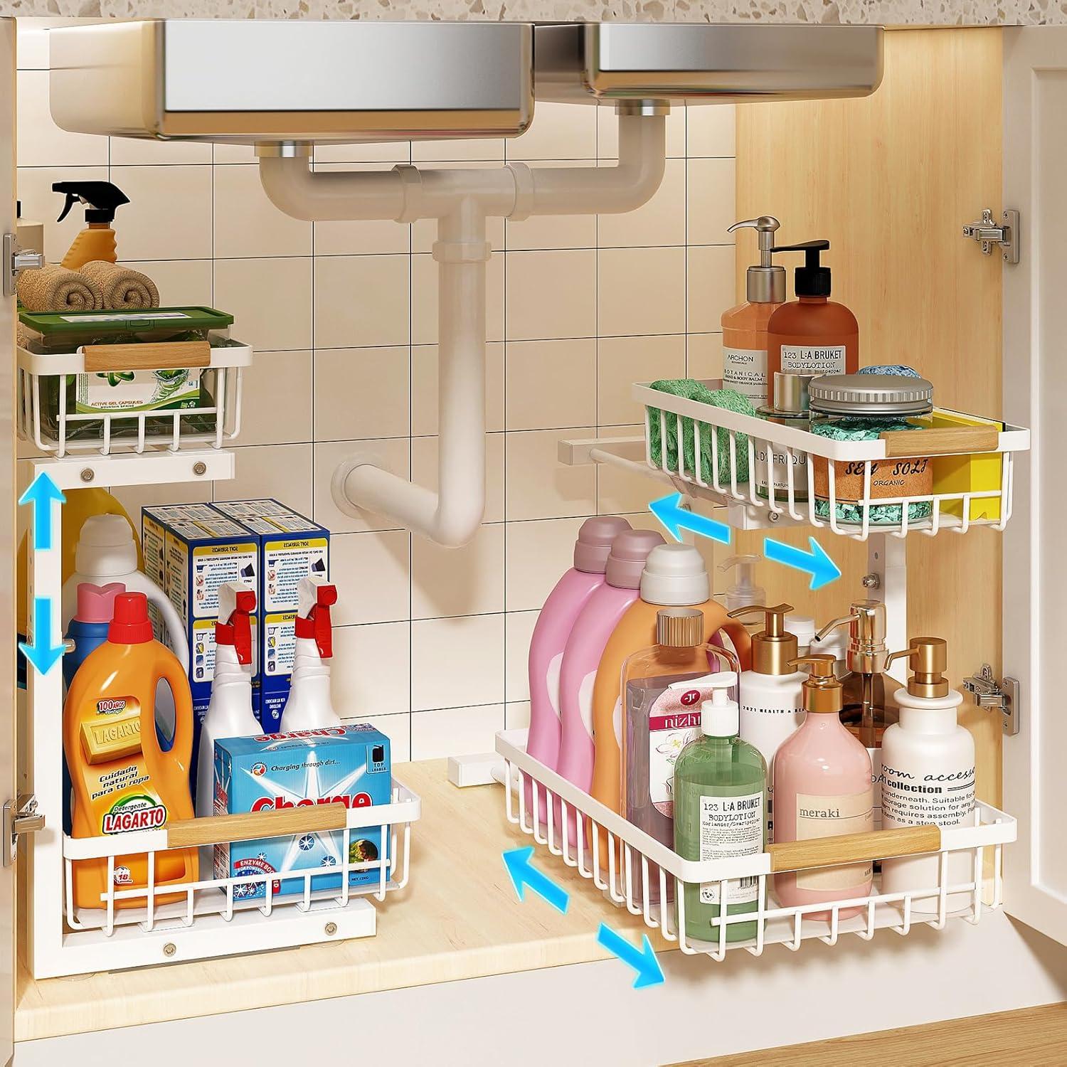 White Expandable Under Sink Organizer with Sliding Shelves