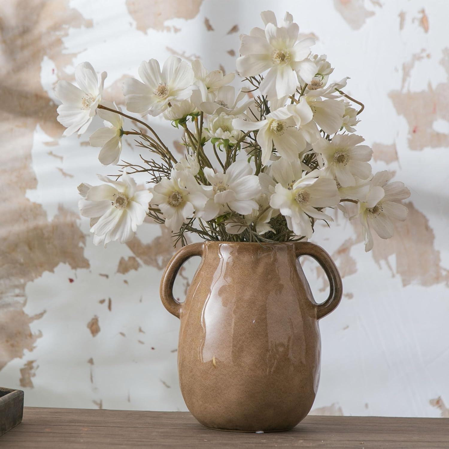 Kimdio Brown Ceramic Vase with 2 Handles, Modern Farmhouse Vase for Home Decor, Vintage Rustic Pottery Vase, Decorative Terracotta Vase, Clay Jug for Living Room Dining Table Shelf