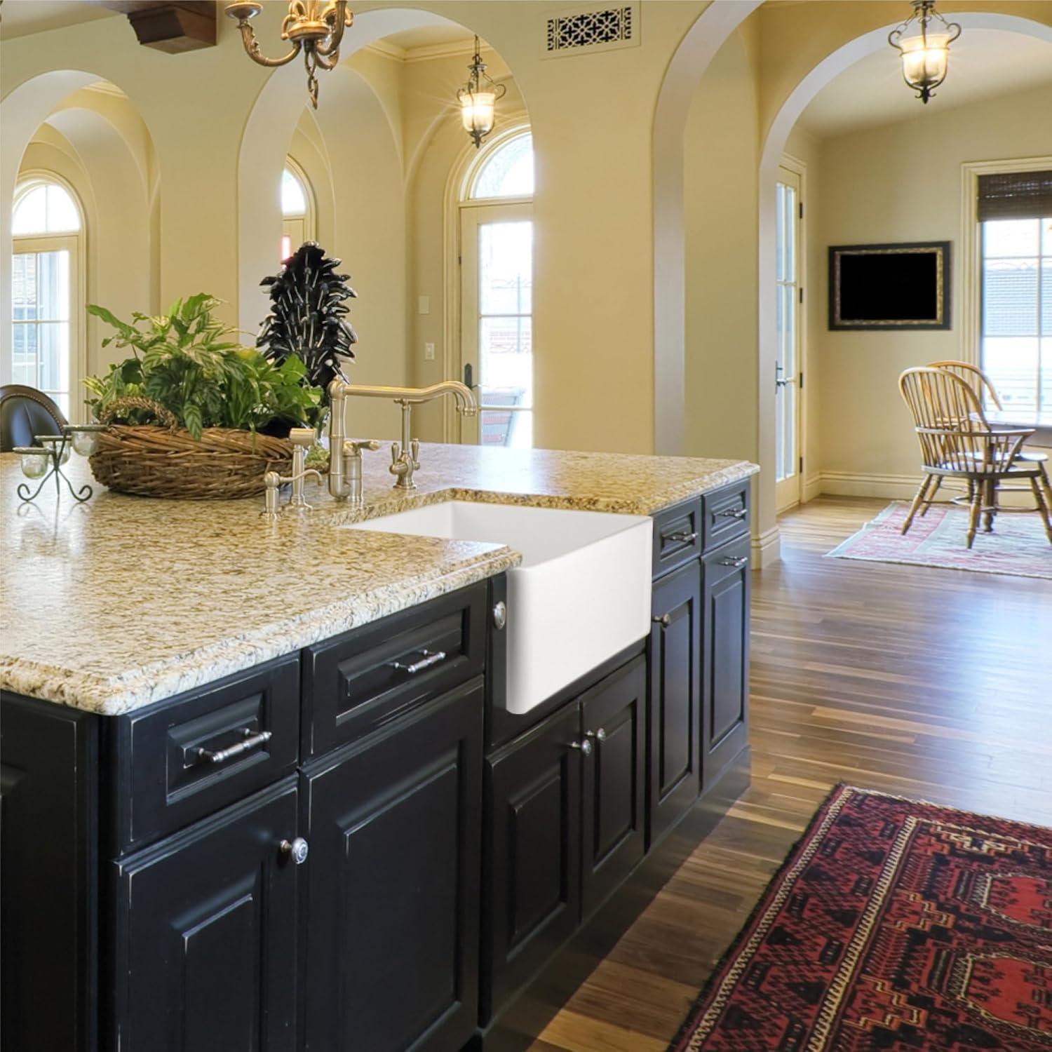 Houzer 30x20 inFireclay Apron Front Single Bowl Kitchen Sink w/ Strainer,Grid-PTS-4100 WH-C