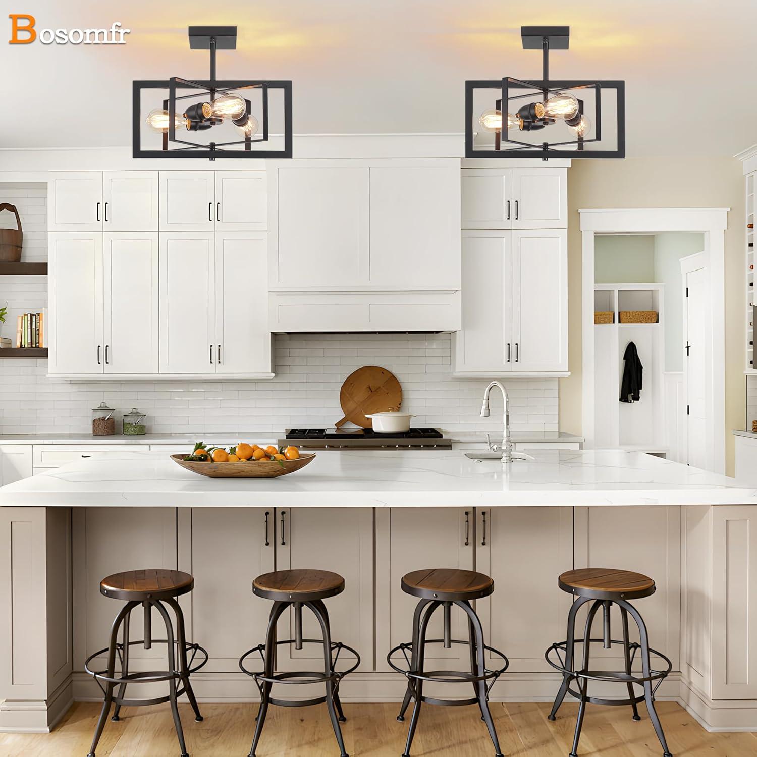 3-Light Black Ceiling Light Fixture for Dining Room Foyer Modern Farmhouse Lighting Fixtures Semi Flush Mount Rectangle Metal Ceiling Light for Bedroom Kitchen Island Entryway 15.74''
