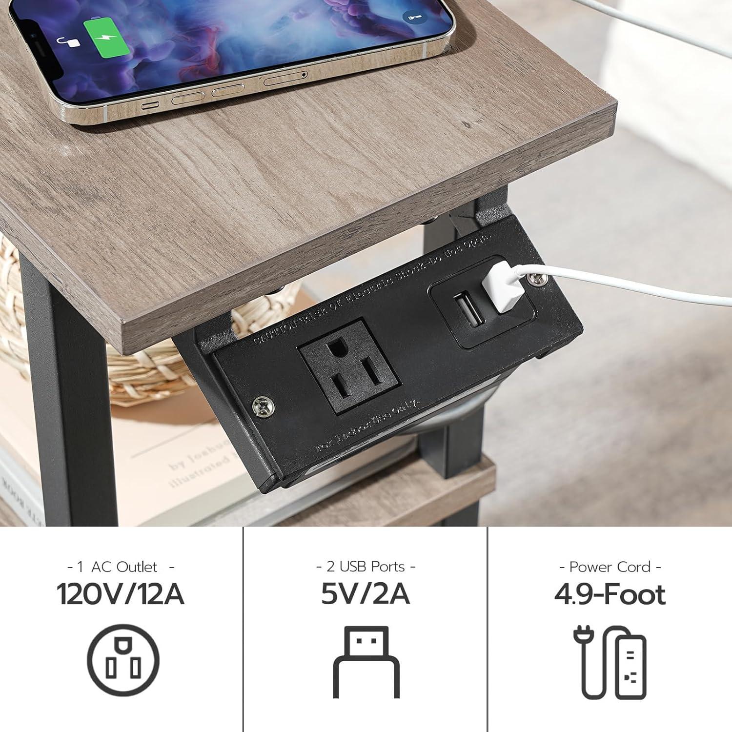 HOOBRO Small Narrow Side Table with Charging Station, Skinny End Table for Small Spaces, Slim Nightstand with USB Ports and Outlet, Sofa Beside Table on Wheels for Living Room BF122UBZ01