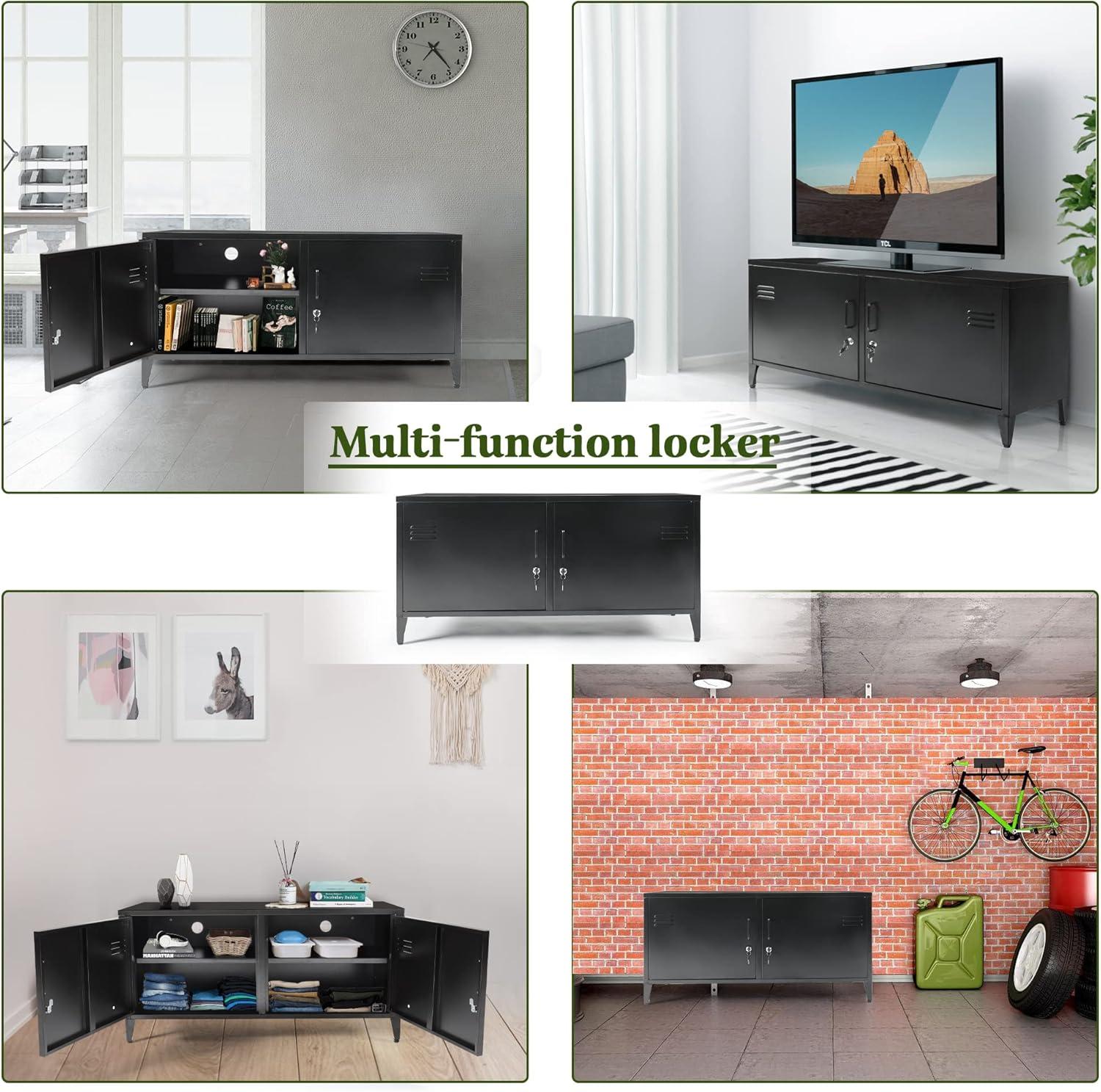 HOPUBUY Metal Storage Cabinet with Lock, Steel Locker Cabinet with Removable Shelves and 2 Locking Doors, Black Storage Cabinets for Home, Garage, Office, Bedroom