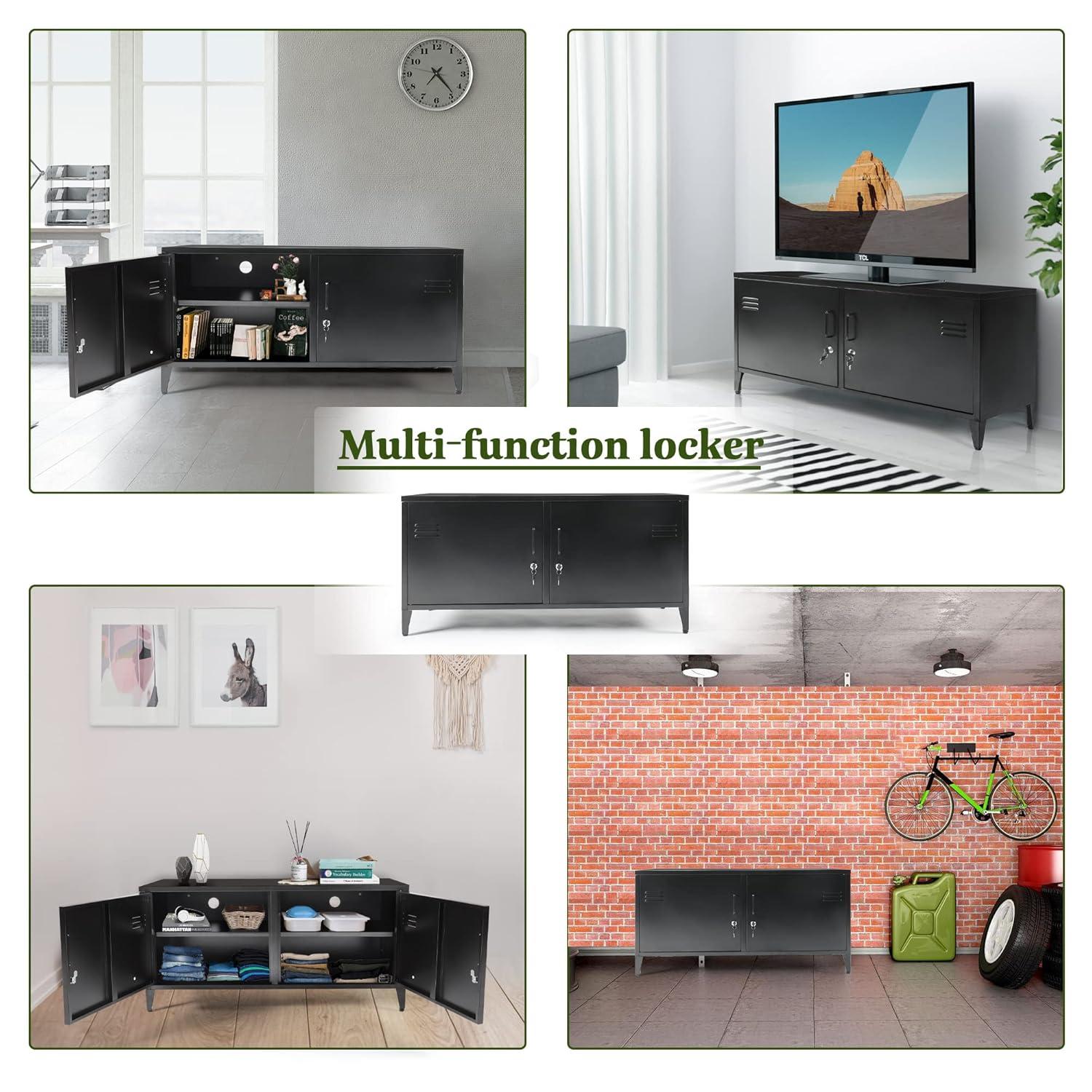 HOPUBUY Metal Storage Cabinet with Lock, Steel Locker Cabinet with Removable Shelves and 2 Locking Doors, Black Storage Cabinets for Home, Garage, Office, Bedroom