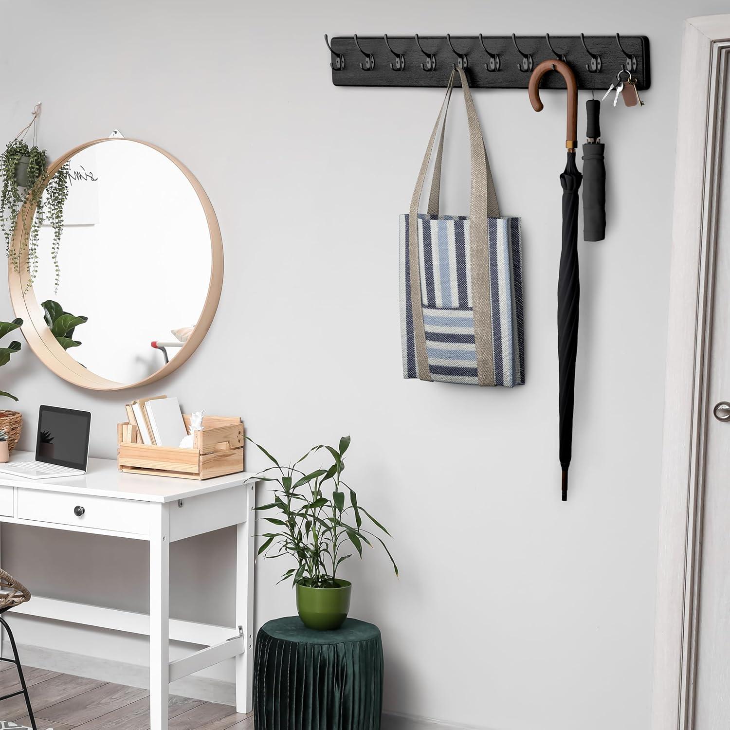 Rustic Coat Rack Wall Mount – 38.6 Inch Long Wall Mounted Coat Rack with 10 Hooks – Solid Pine Wood, Distressed Finish – Entryway Wall Hook Rack for Coats, Hats, Bags, Keys, Jackets - 2 Pack