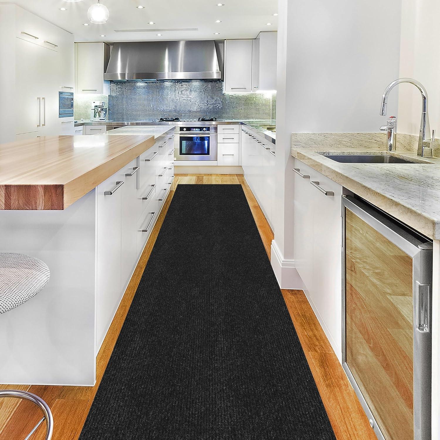 Ottomanson Stepwell Collection Utility Ribbed Garage Mat/Patio/Long Hallway Runner Rug, Black