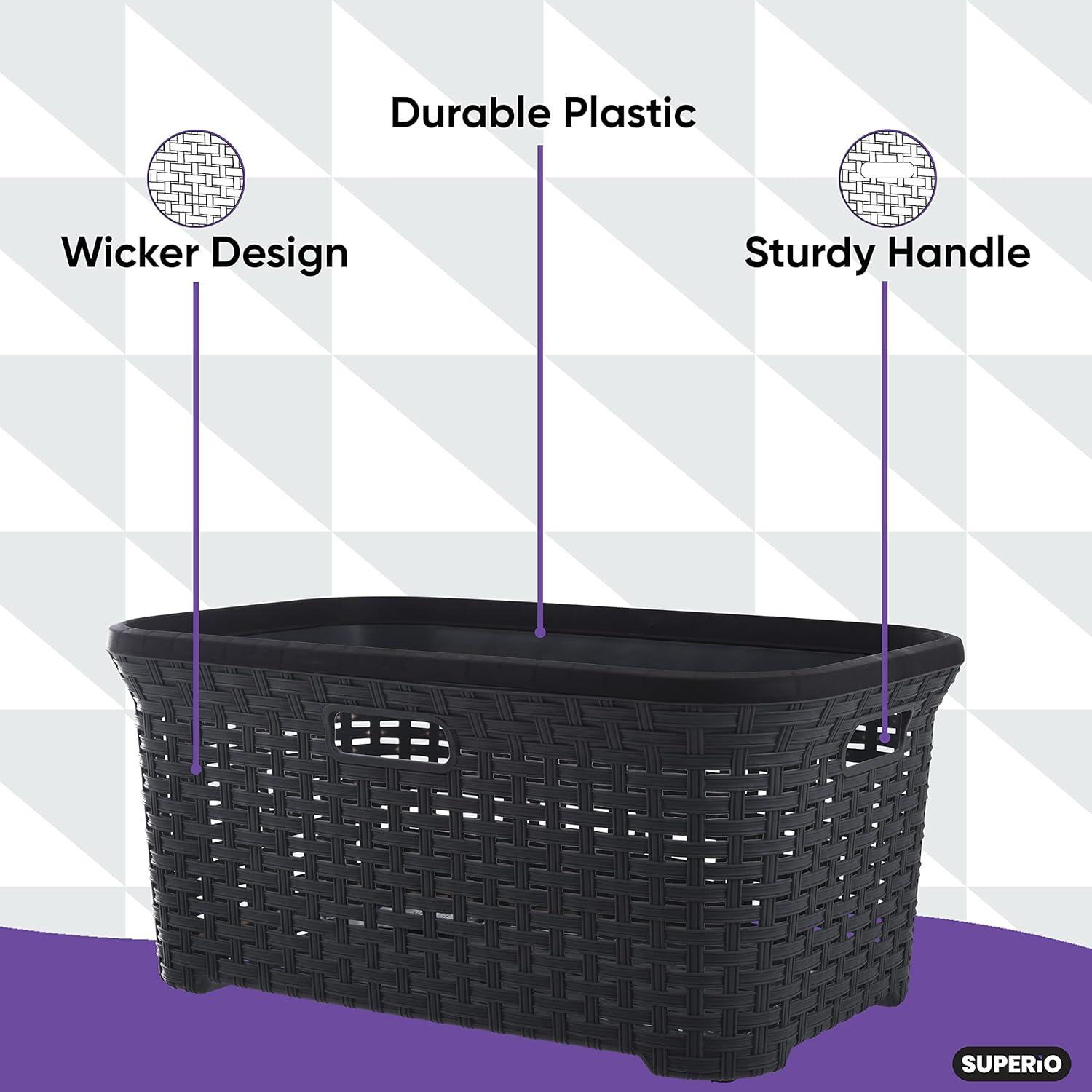 Superio Laundry Basket, Laundry Hamper, 50-liter wicker style basket with cutout handles, to storage dirty clothes, in washroom, or bedroom, grey.