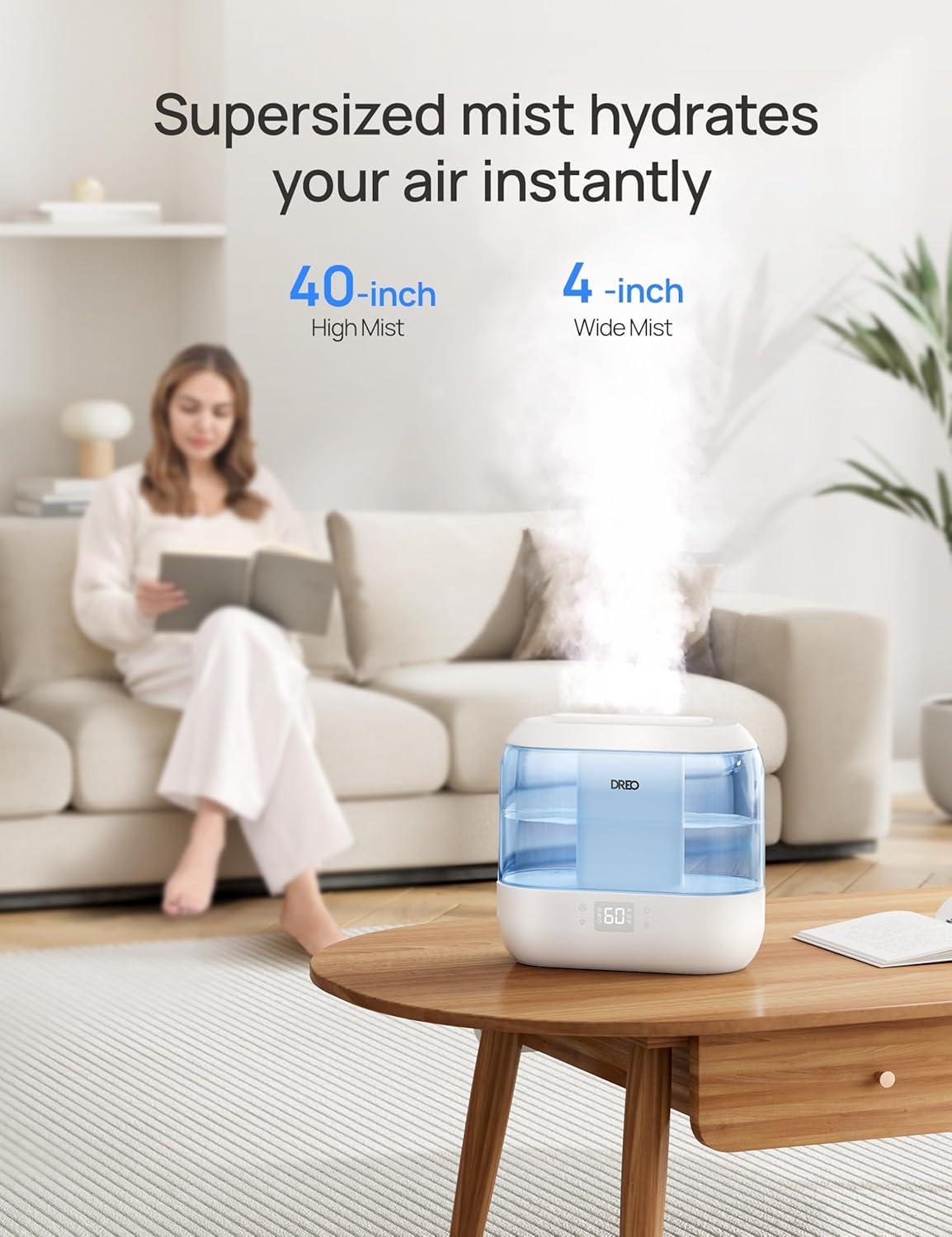 Dreo Humidifiers for Bedroom, Top Fill 4L Supersized Cool Mist Humidifier with Oil Diffuser and Nightlight, 32H Runtime, Quiet Ultrasonic Humidifiers for Home, Large Room, Baby Nursery and Plants
