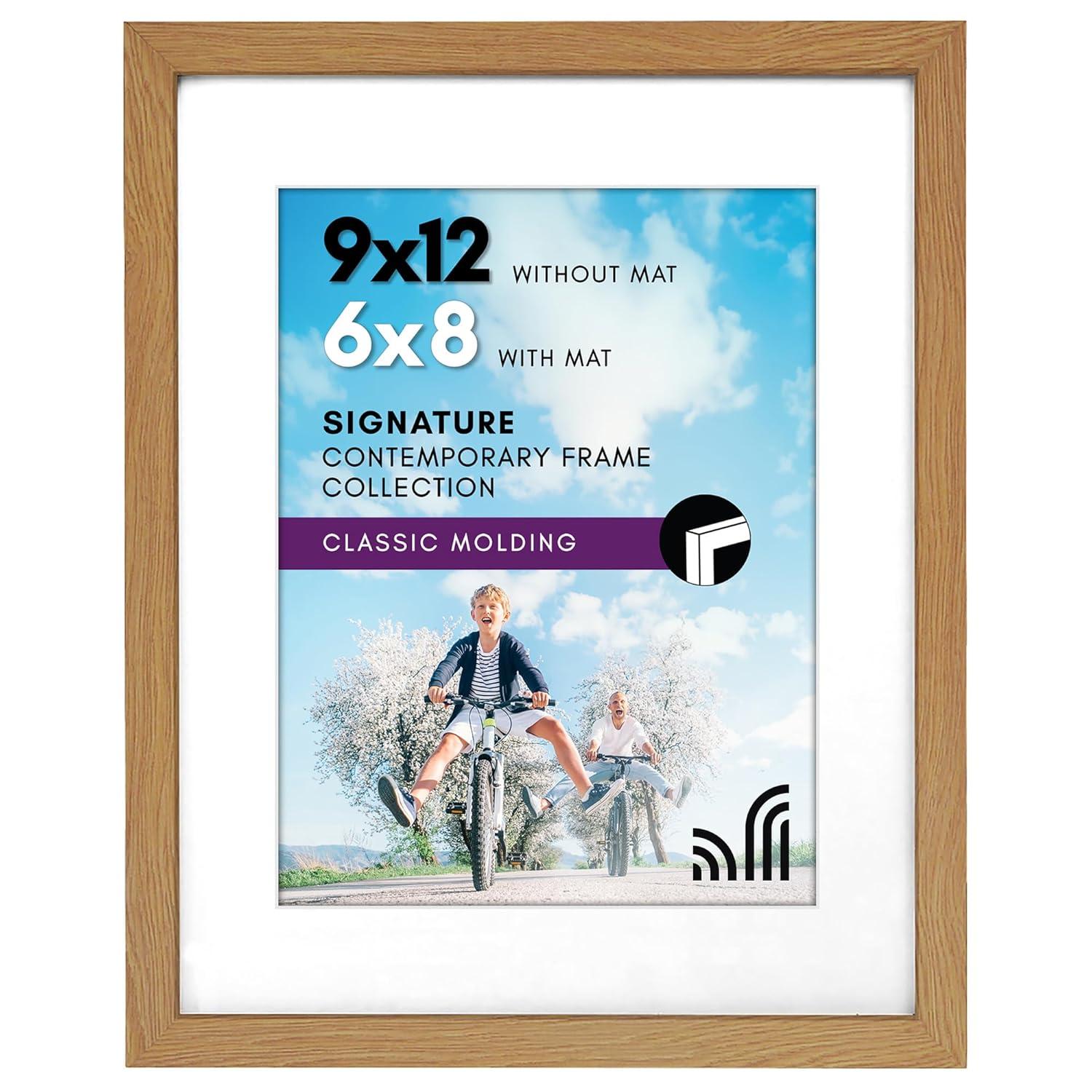 Americanflat 9x12 Picture Frame in Oak - Displays 6x8 With Mat and 9x12 Without Mat - Composite Wood with Shatter Resistant Glass