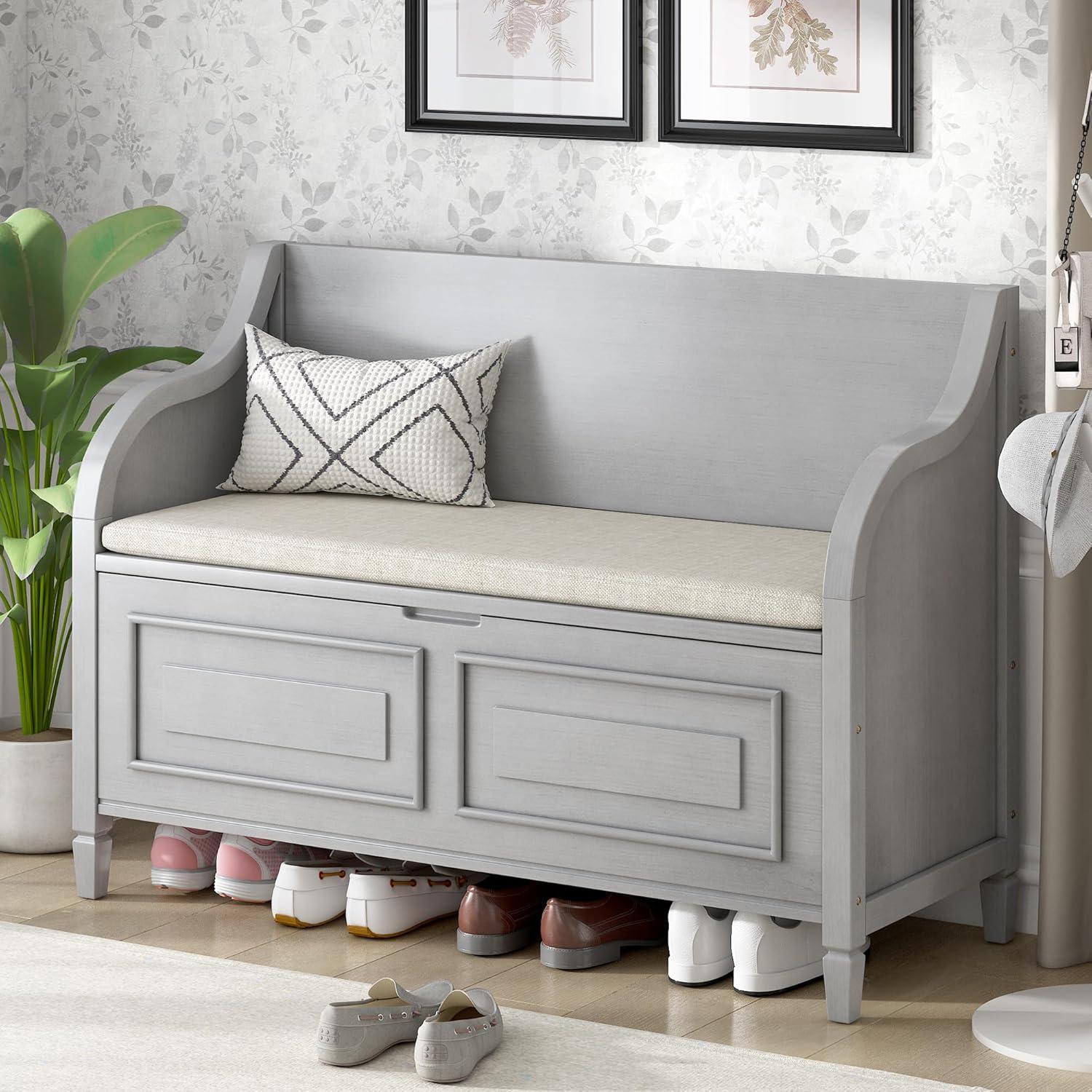 Gray Wash Solid Wood Storage Bench with Lift Top and Cushion